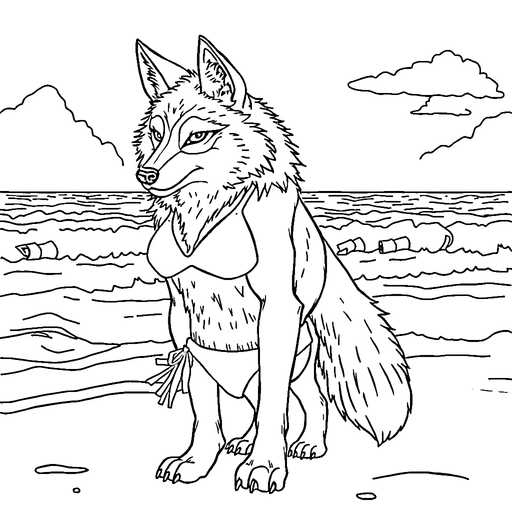 Wolf gazing at the ocean landscape Coloring Page (free black-and-white line drawing printable PDF for all, from beginners to advanced learners, including children, teens, adults, and seniors)