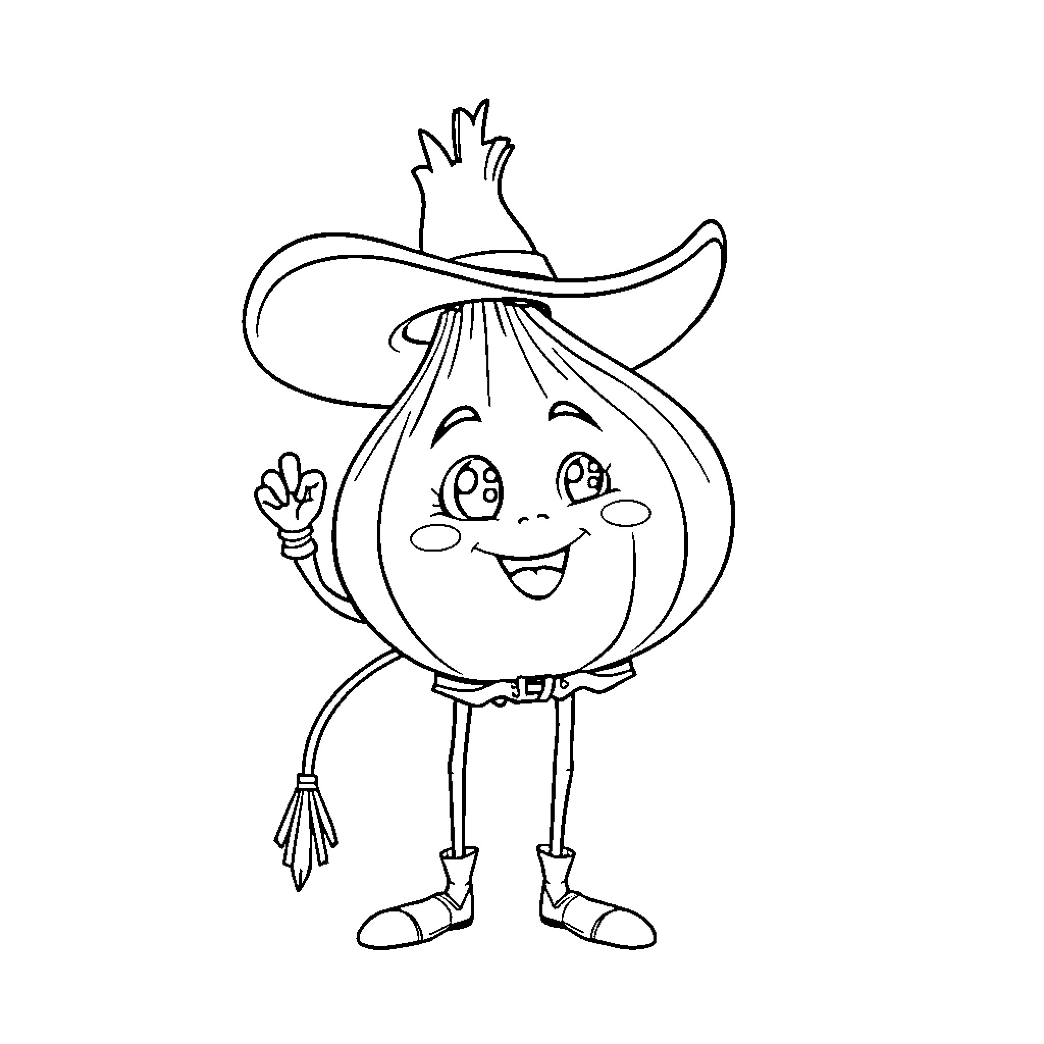 Onion cowboy character in cheerful pose Coloring Page (free black-and-white line drawing printable PDF for all, from beginners to advanced learners, including children, teens, adults, and seniors)