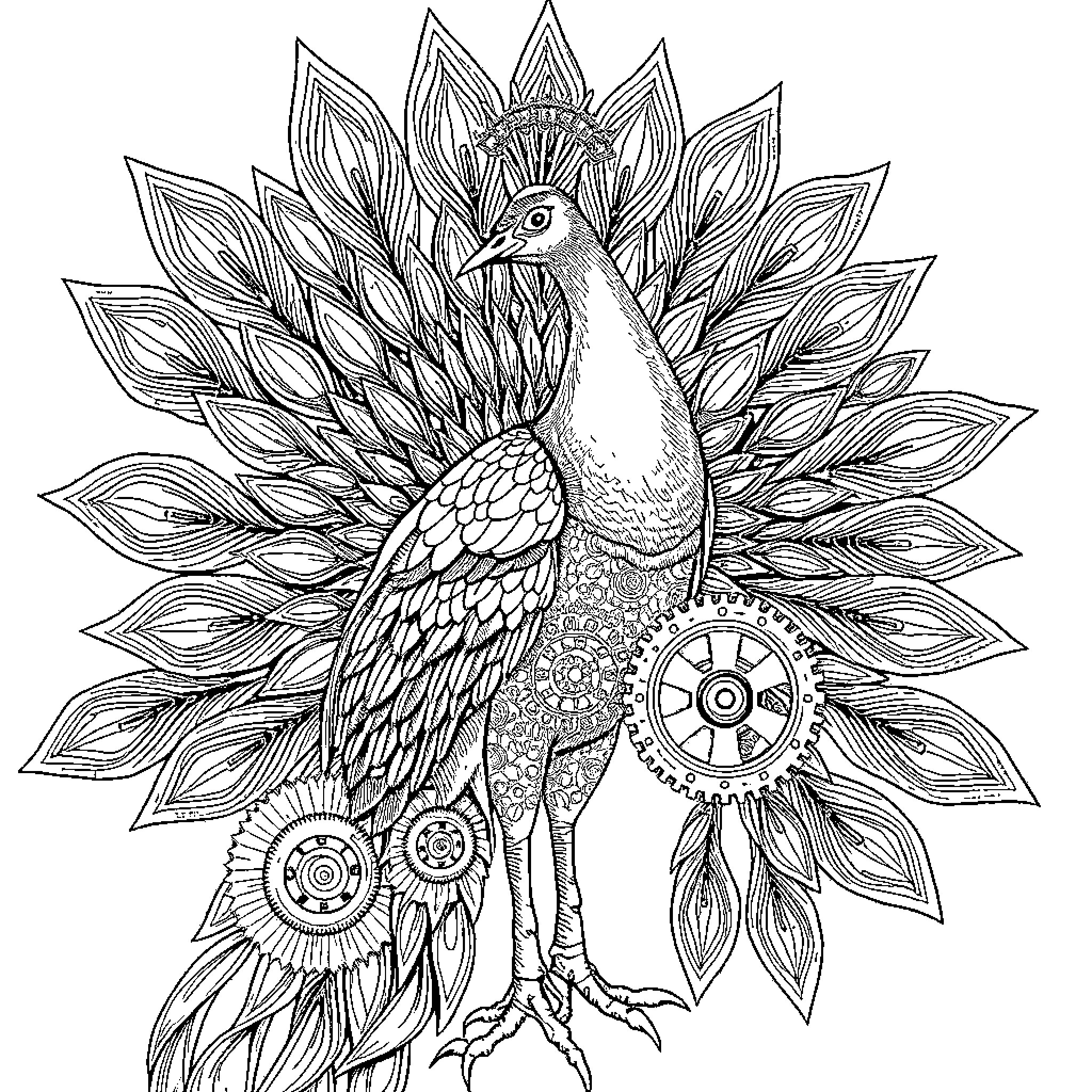 Peacock adorned in intricate floral patterns Coloring Page (free black-and-white line drawing printable PDF for all, from beginners to advanced learners, including children, teens, adults, and seniors)
