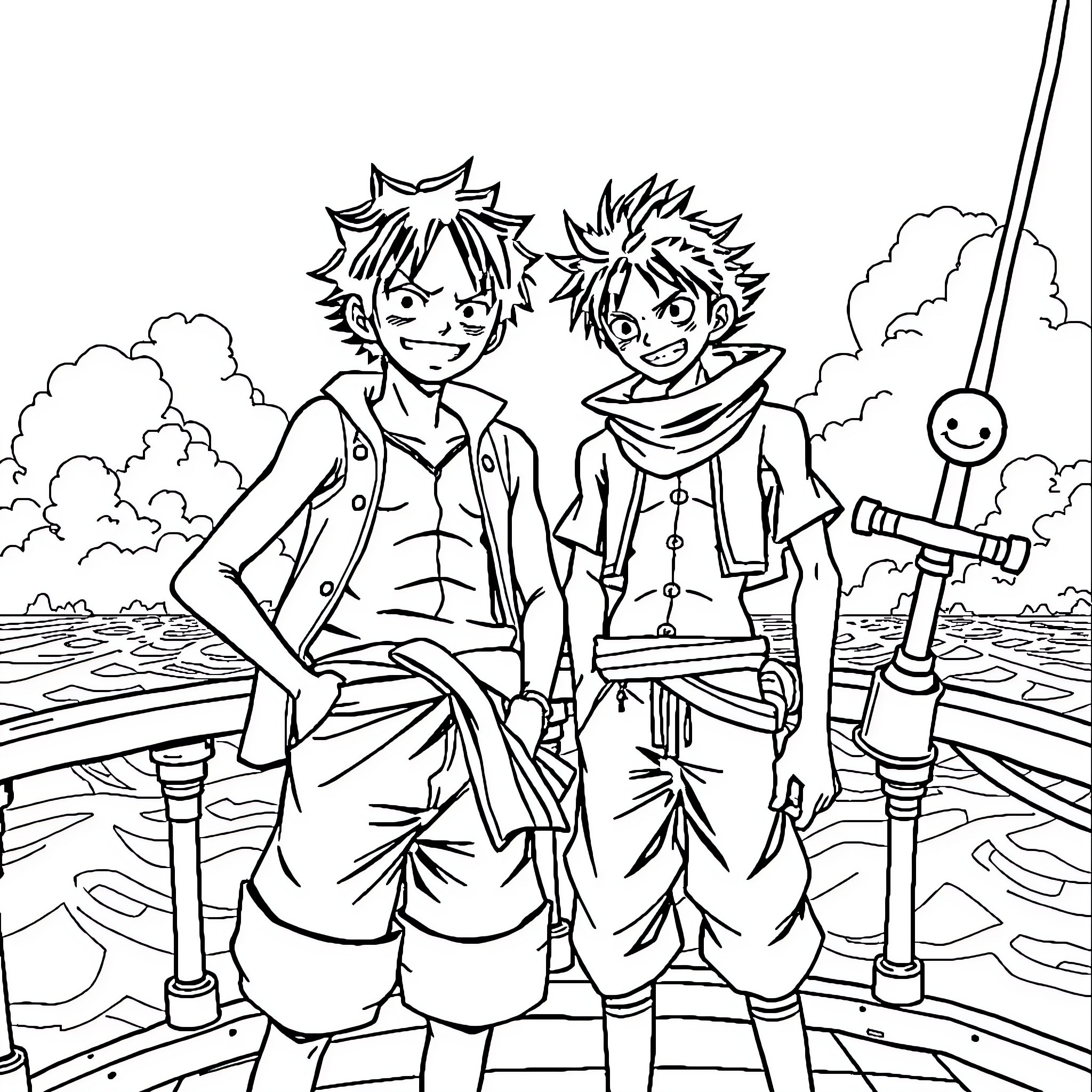 Luffy and Natsu standing confidently in an outdoor scene Coloring Page (free black-and-white line drawing printable PDF for all, from beginners to advanced learners, including children, teens, adults, and seniors)