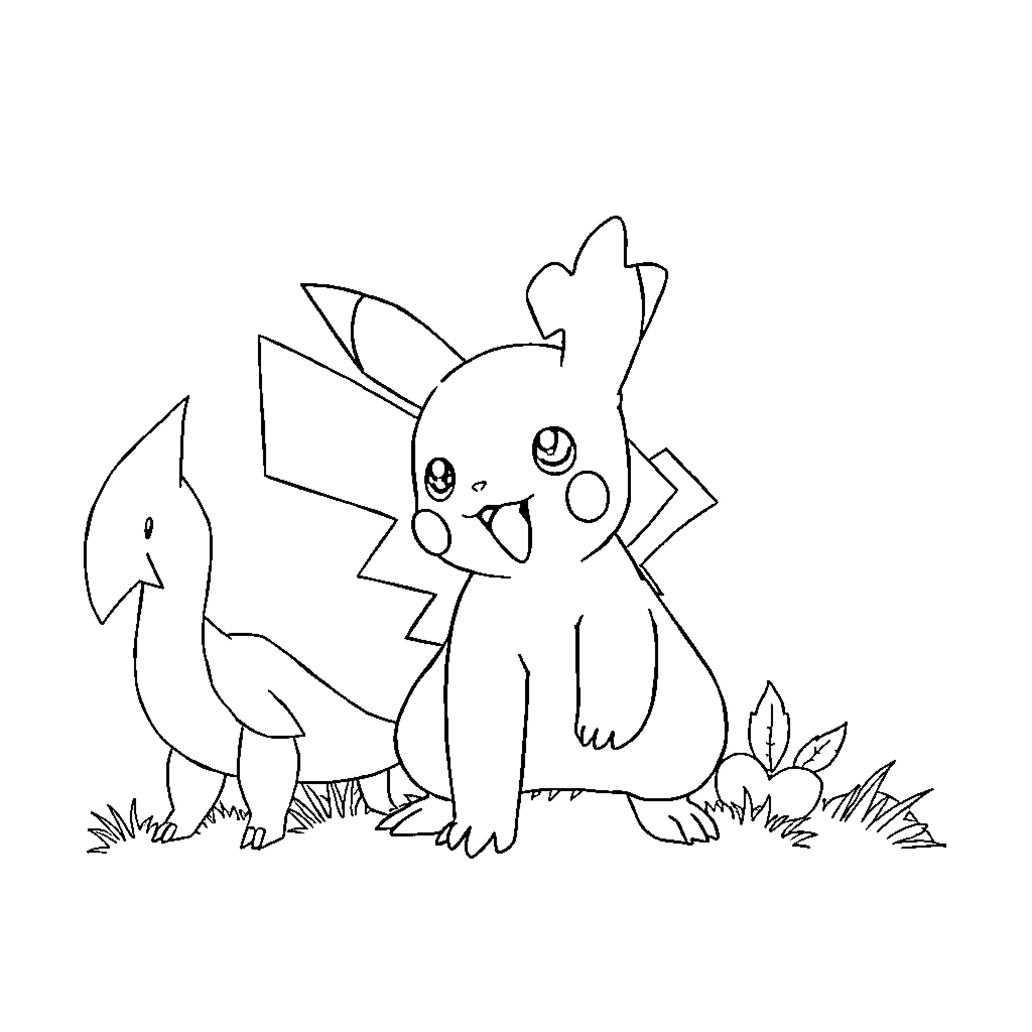 Pokémon playing in the grass Coloring Page (free black-and-white line drawing printable PDF for all, from beginners to advanced learners, including children, teens, adults, and seniors)