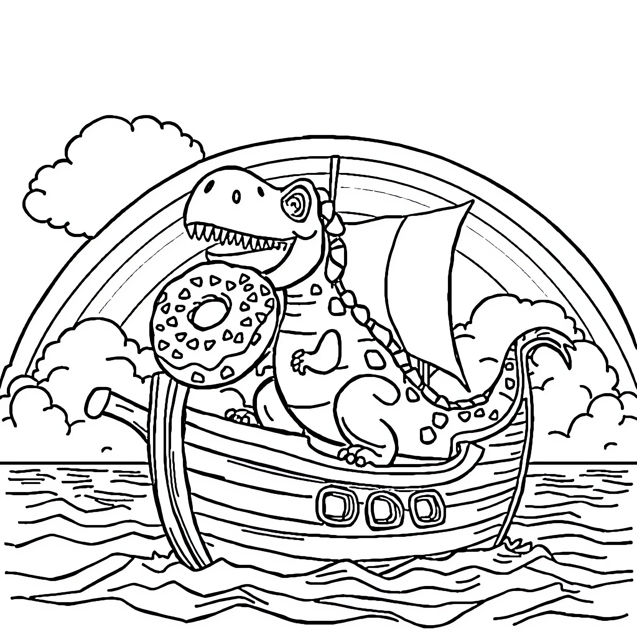 Dinosaur sailing in a pirate ship on the sea Coloring Page (free black-and-white line drawing printable PDF for all, from beginners to advanced learners, including children, teens, adults, and seniors)