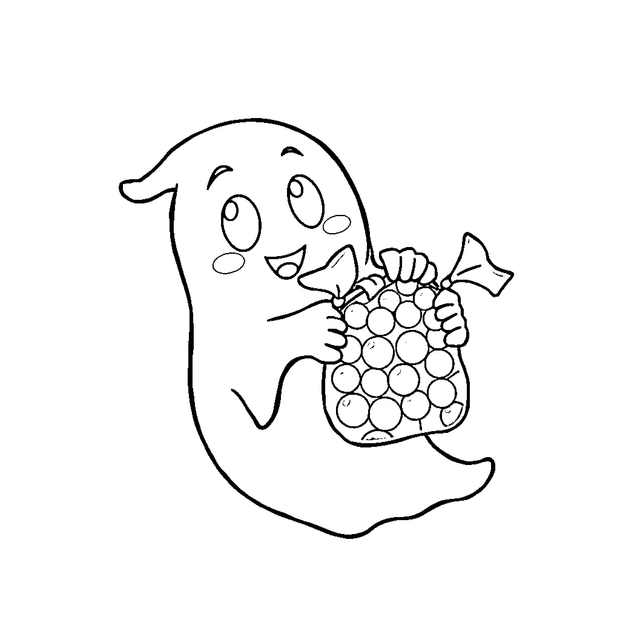Ghost happily carrying a basket of treats Coloring Page (free black-and-white line drawing printable PDF for all, from beginners to advanced learners, including children, teens, adults, and seniors)