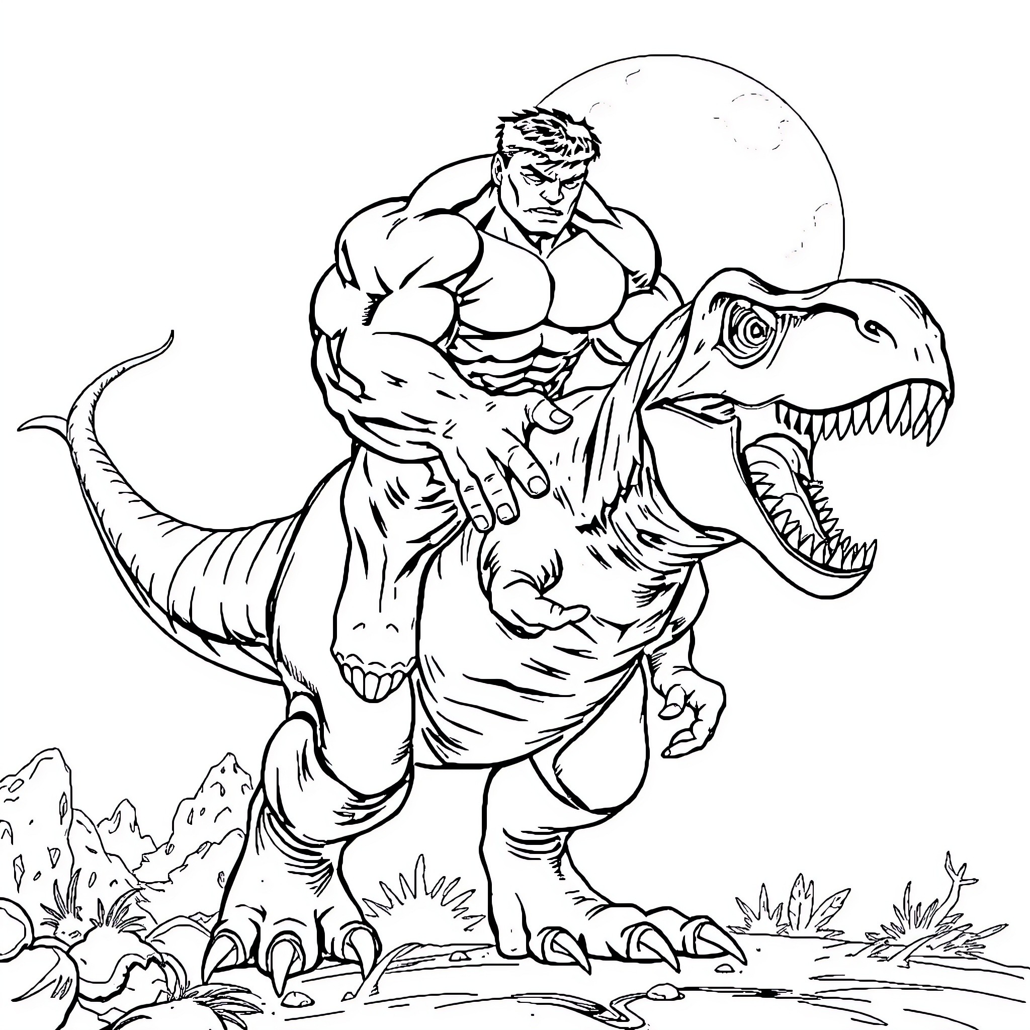 Hulk battling a ferocious dinosaur Coloring Page (free black-and-white line drawing printable PDF for all, from beginners to advanced learners, including children, teens, adults, and seniors)