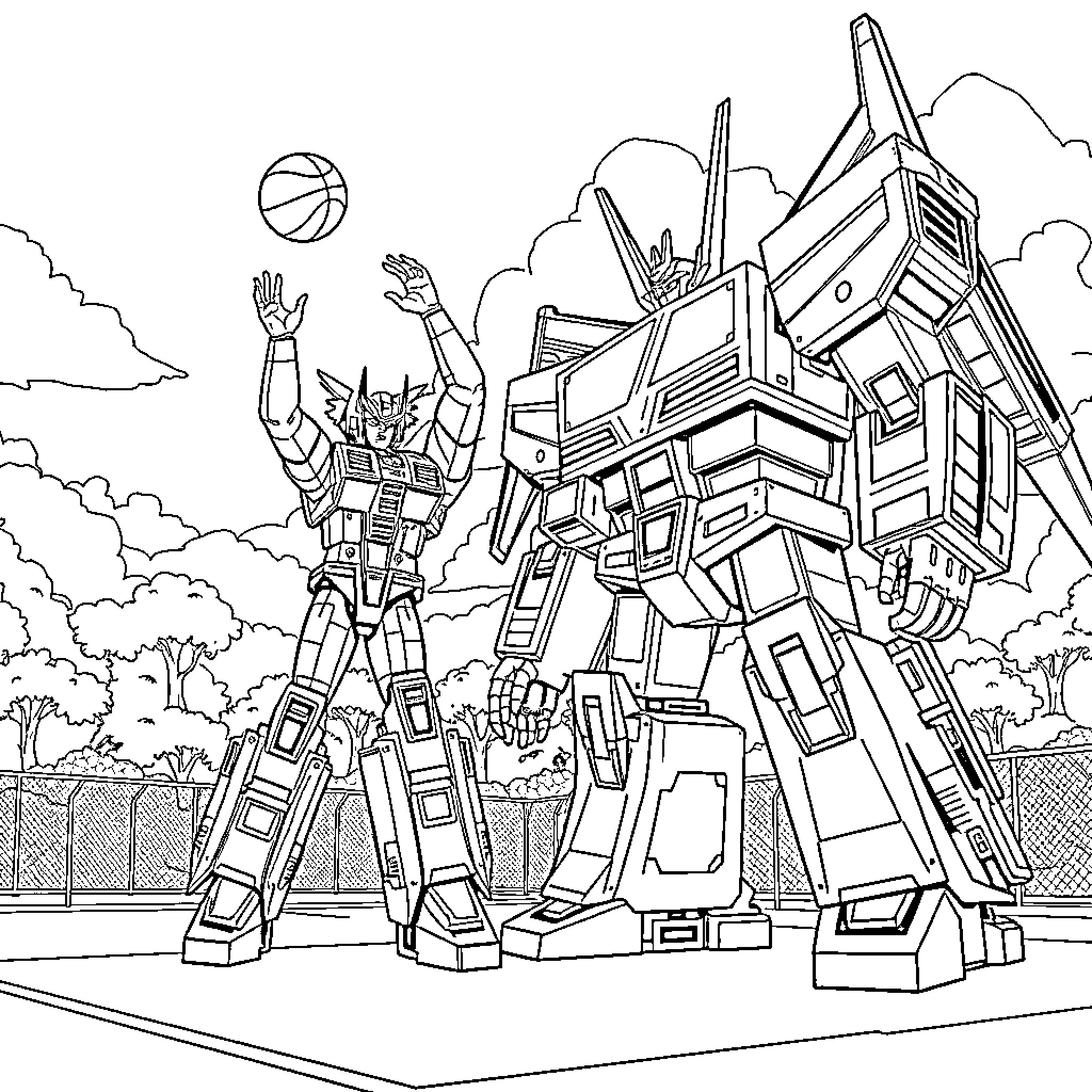 Voltron robots battling in futuristic city landscape Coloring Page (free black-and-white line drawing printable PDF for all, from beginners to advanced learners, including children, teens, adults, and seniors)