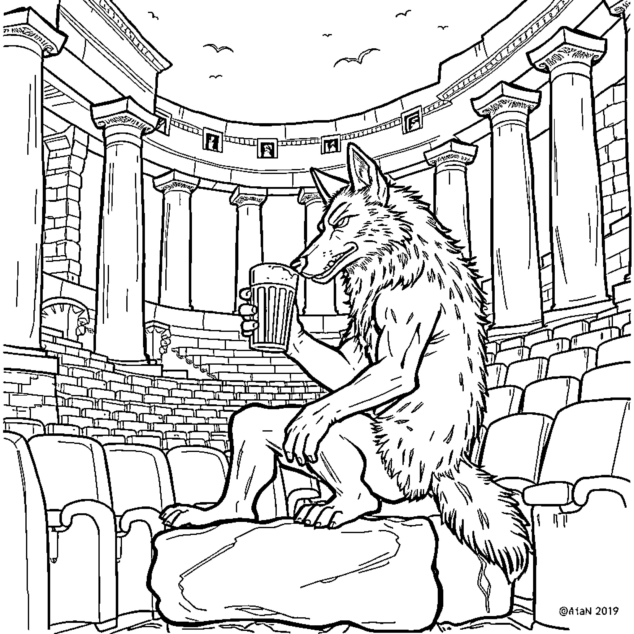 Werewolf sitting alone in an ancient temple Coloring Page (free black-and-white line drawing printable PDF for all, from beginners to advanced learners, including children, teens, adults, and seniors)