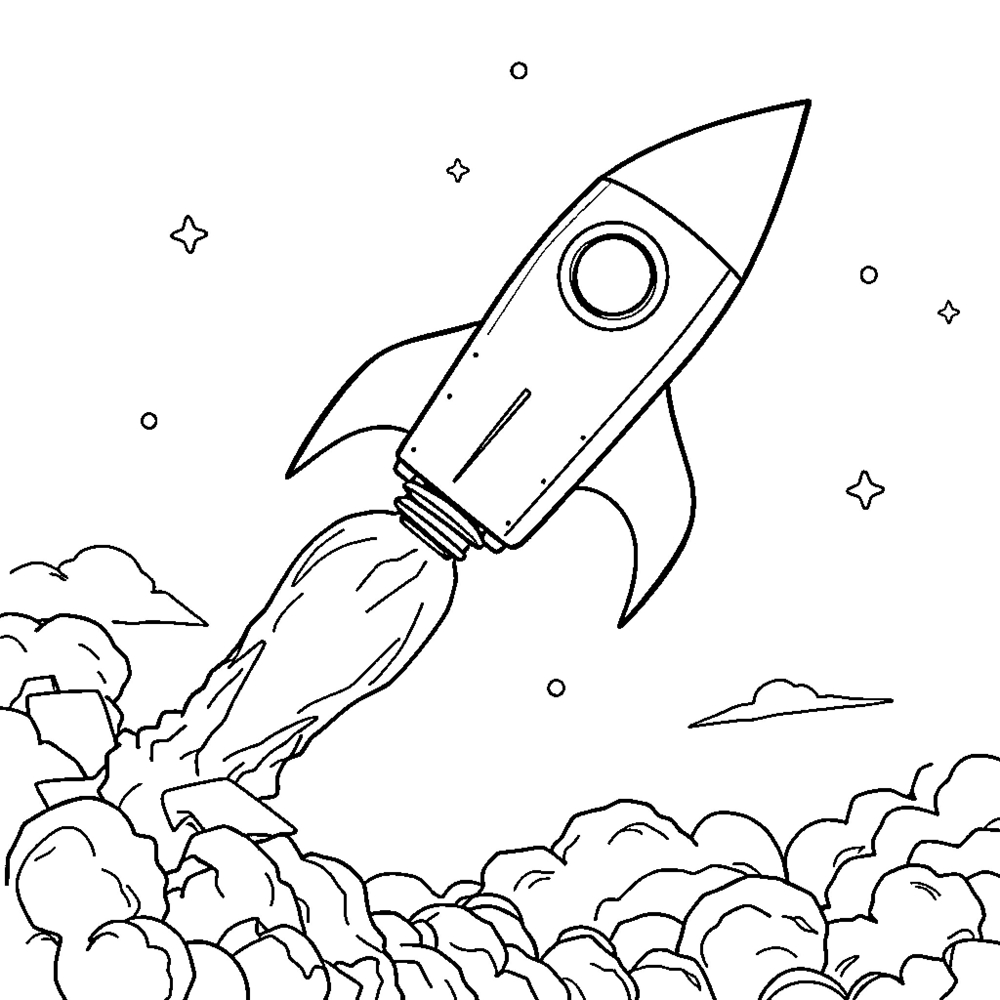 Rocket Blasting Off Into Starry Night Sky Coloring Page (free black-and-white line drawing printable PDF for all, from beginners to advanced learners, including children, teens, adults, and seniors)