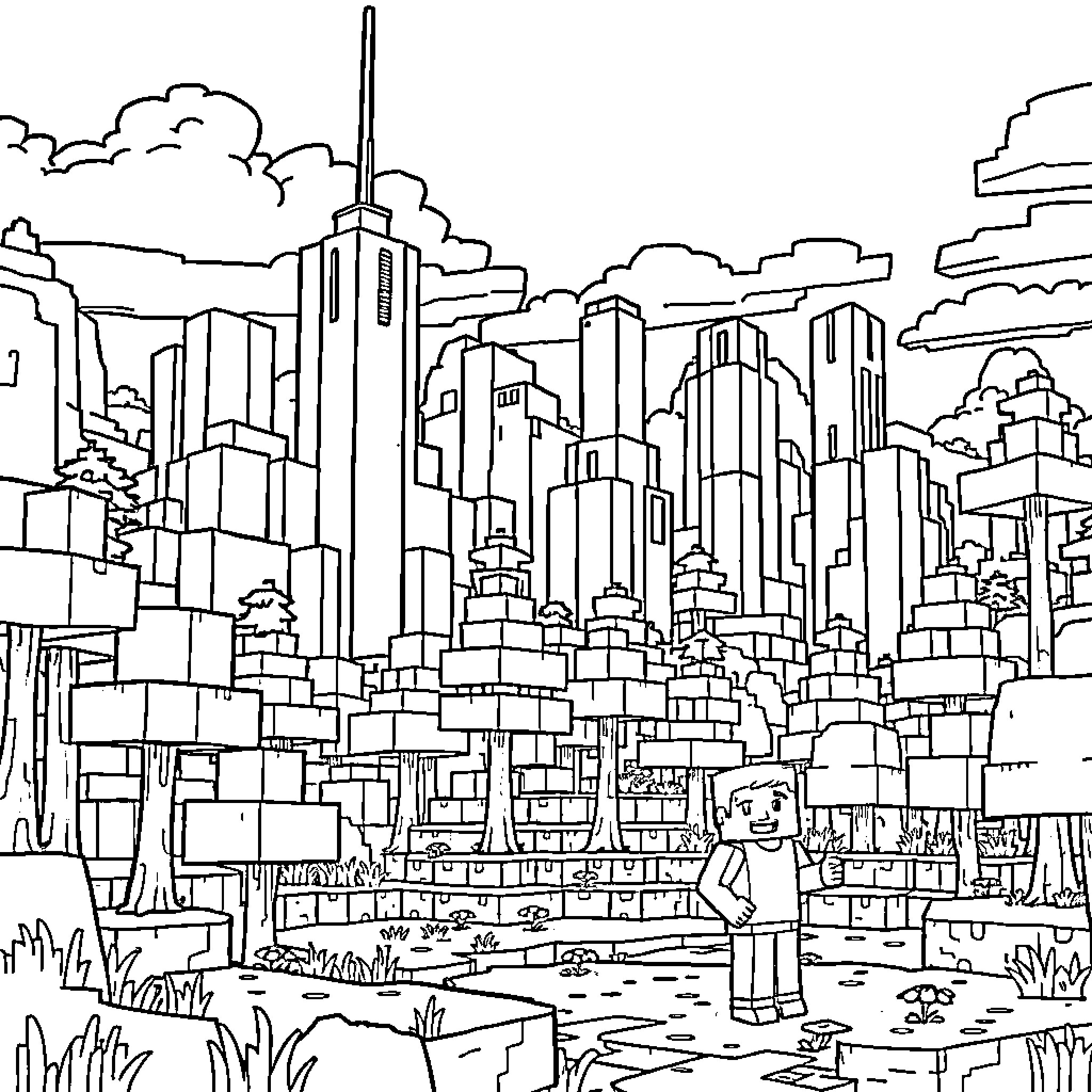 Minecraft Steve in Dystopian Cityscape Coloring Page (free black-and-white line drawing printable PDF for all, from beginners to advanced learners, including children, teens, adults, and seniors)