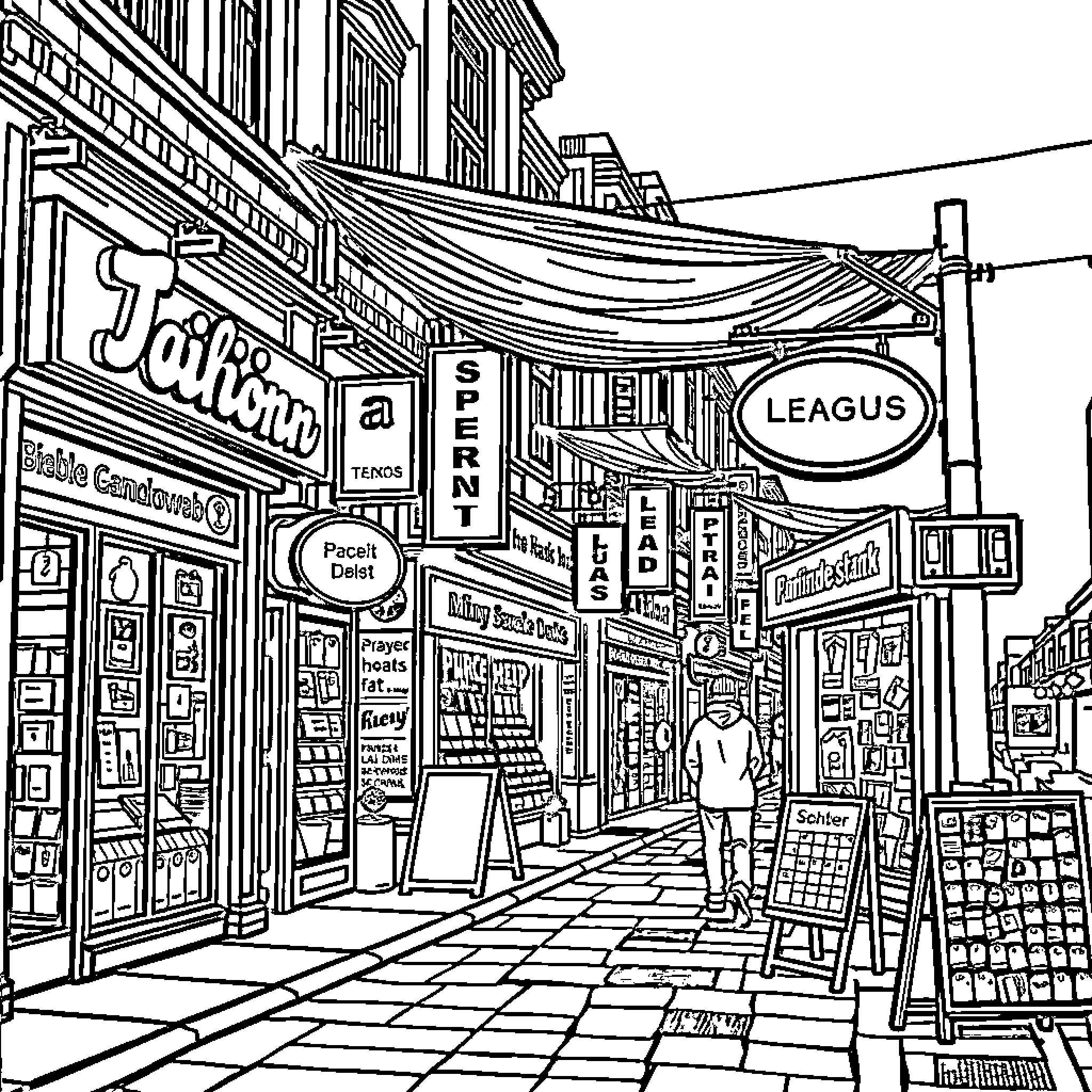 Shop Bustling Street Scene with Shops and Signs Coloring Page (free black-and-white line drawing printable PDF for all, from beginners to advanced learners, including children, teens, adults, and seniors)