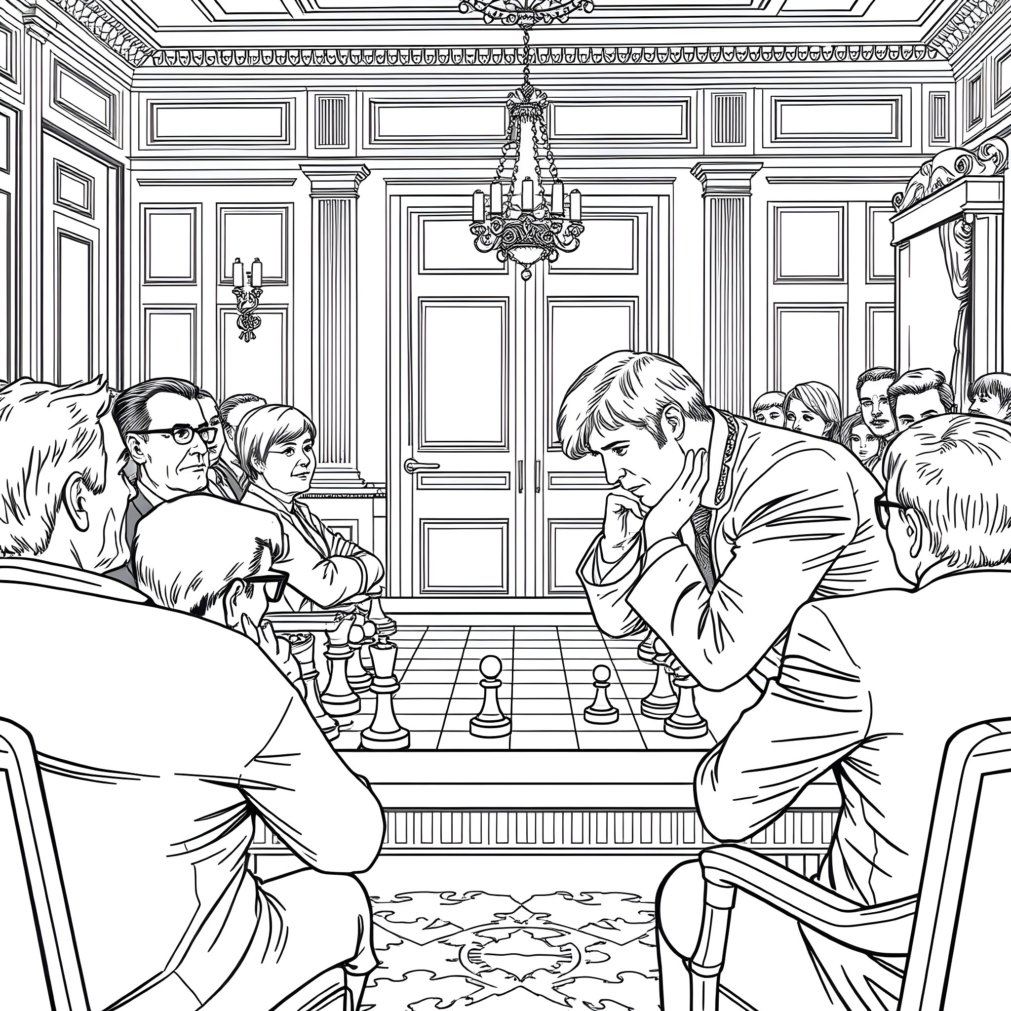 Boris Johnson playing chess with fellow politicians in a grand meeting room Coloring Page (free black-and-white line drawing printable PDF for all, from beginners to advanced learners, including children, teens, adults, and seniors)
