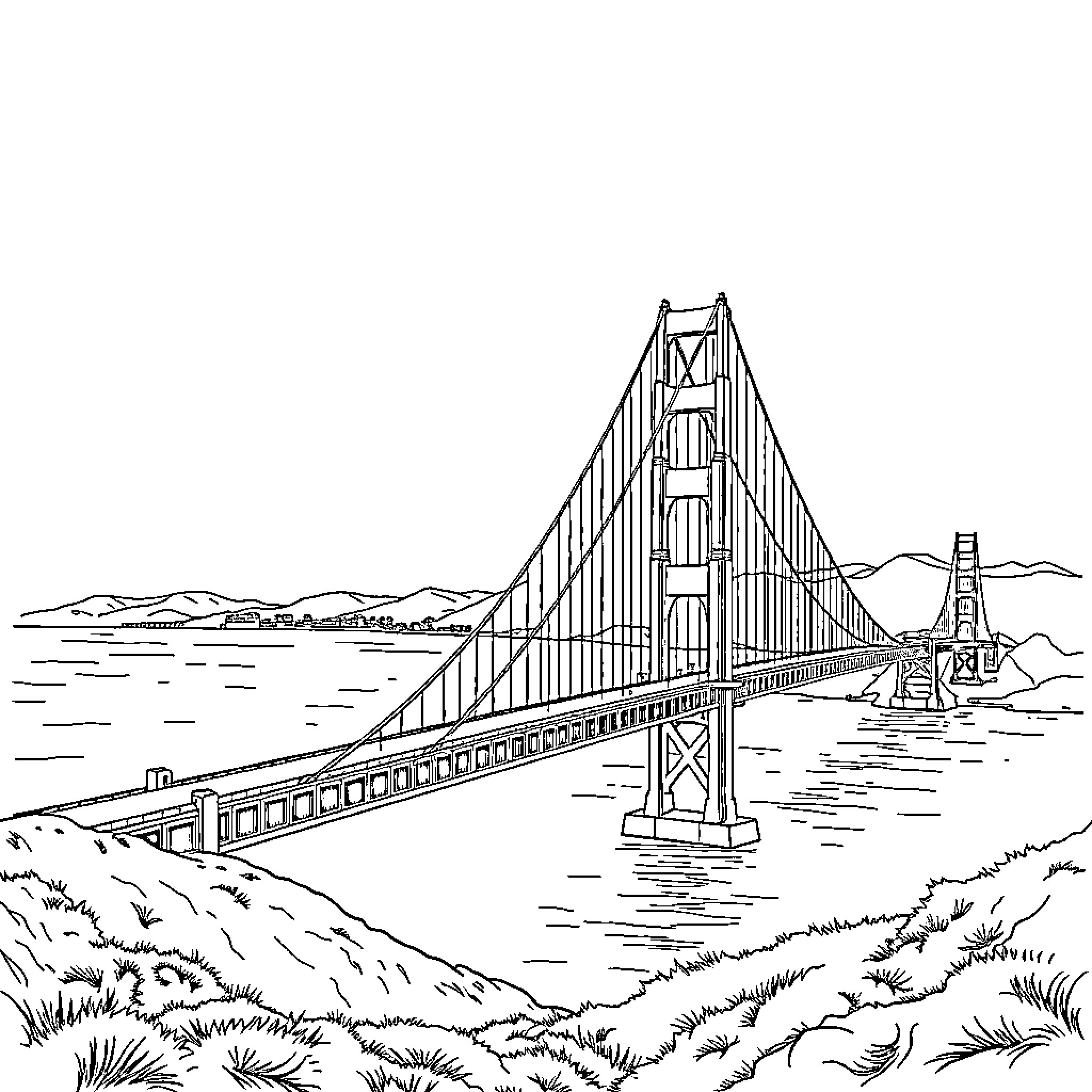Golden Gate Bridge overlooking the scenic waterscape Coloring Page (free black-and-white line drawing printable PDF for all, from beginners to advanced learners, including children, teens, adults, and seniors)