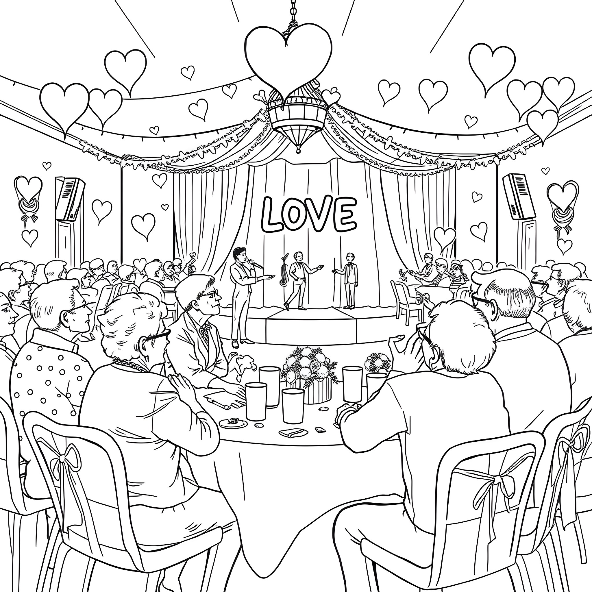 Valentine's Day Celebration at a Festive Love Stage Coloring Page (free black-and-white line drawing printable PDF for all, from beginners to advanced learners, including children, teens, adults, and seniors)