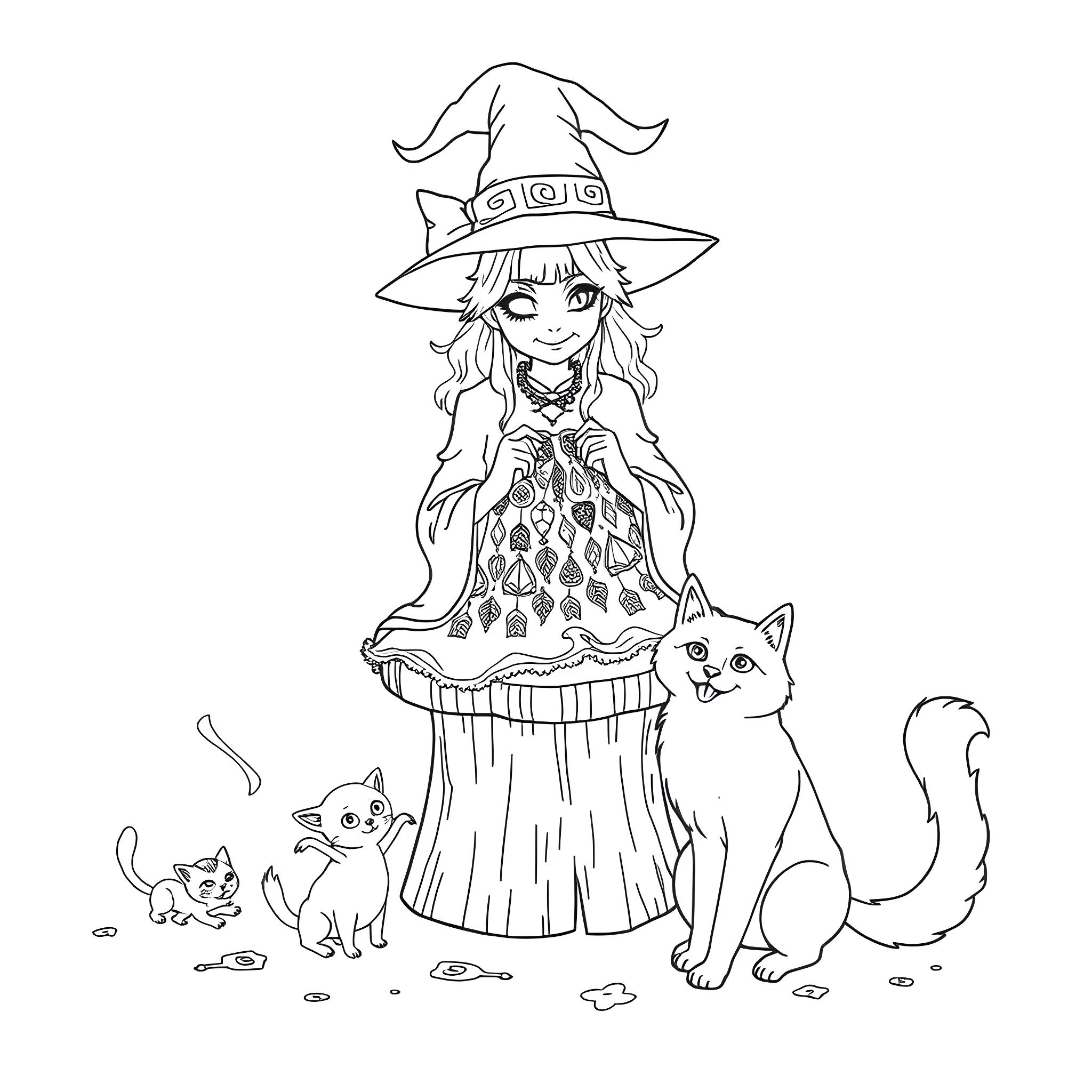 Witch with Cats in Whimsical Outfit Coloring Page (free black-and-white line drawing printable PDF for all, from beginners to advanced learners, including children, teens, adults, and seniors)