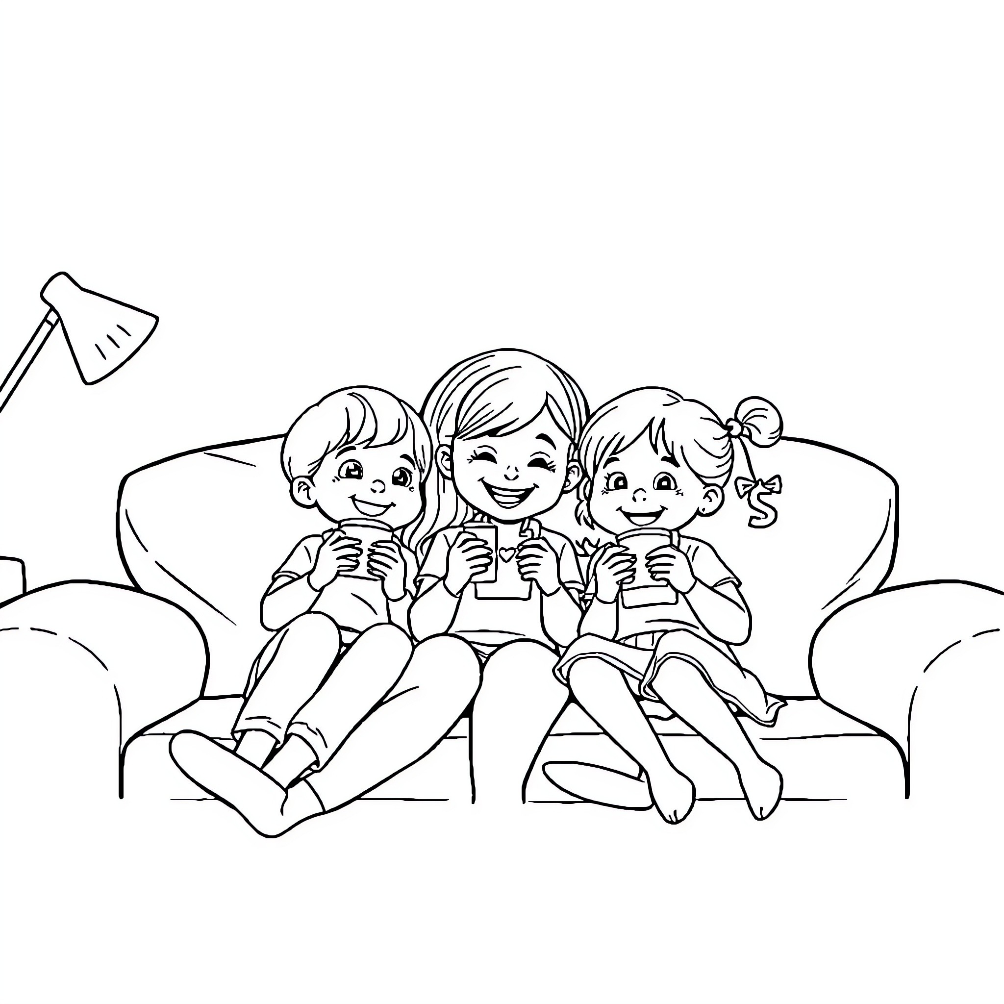 Mom and kids relaxing on the couch Coloring Page (free black-and-white line drawing printable PDF for all, from beginners to advanced learners, including children, teens, adults, and seniors)