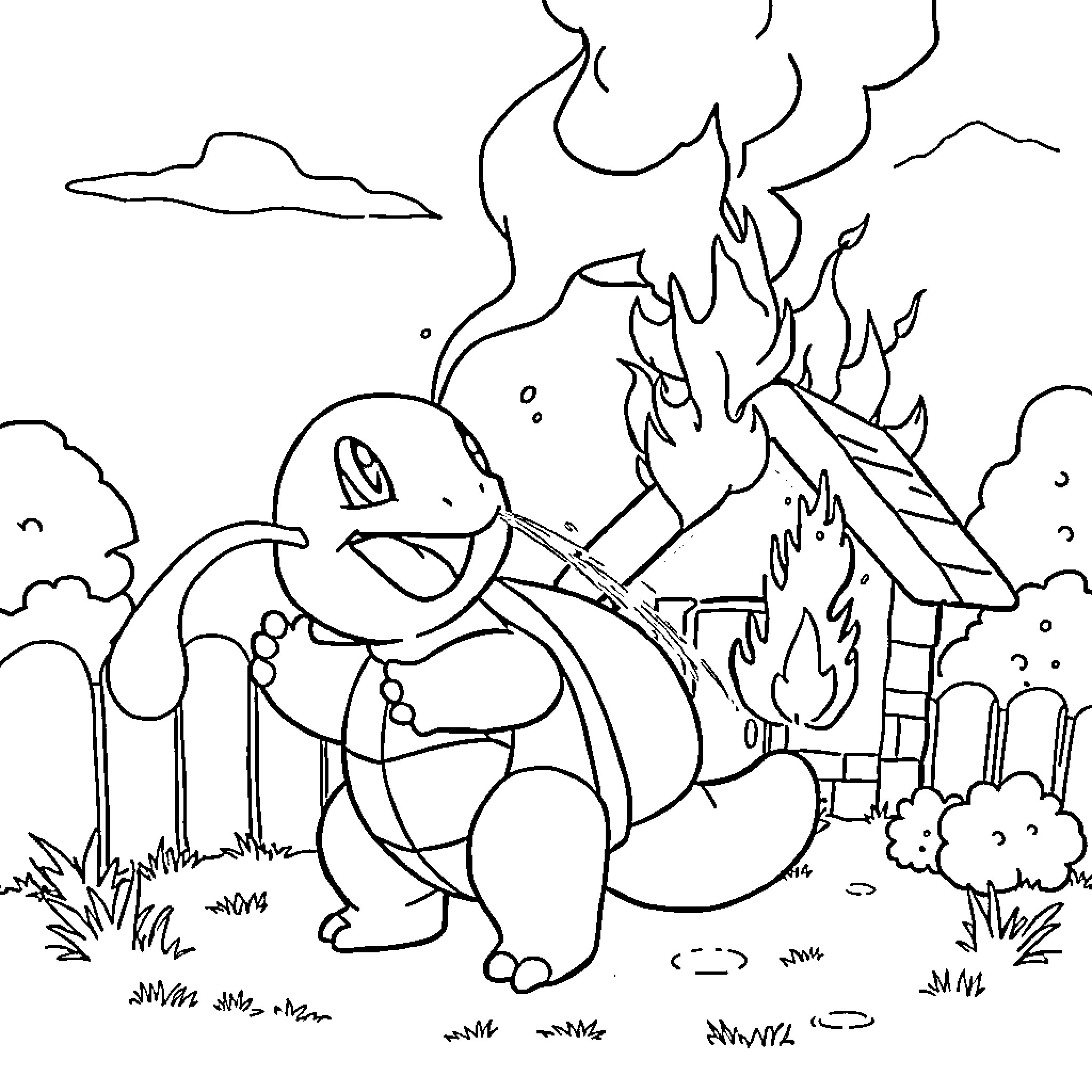 Squirtle battling against a fire-breathing dragon Coloring Page (free black-and-white line drawing printable PDF for all, from beginners to advanced learners, including children, teens, adults, and seniors)