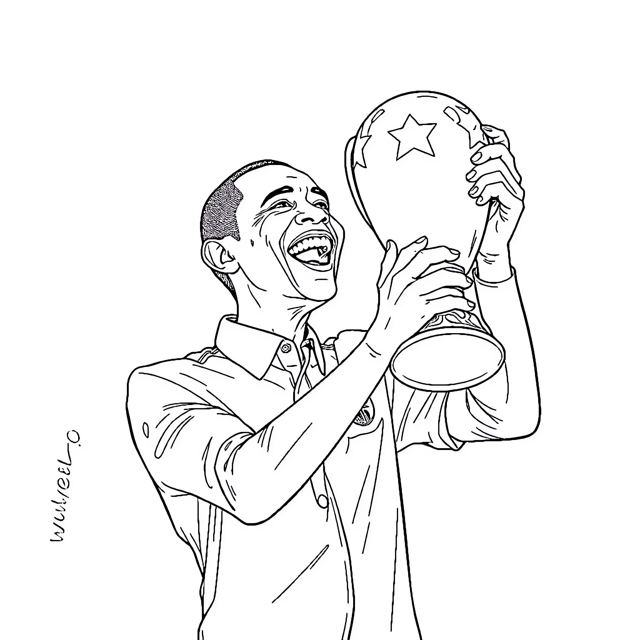 Obama celebrating with trophy after victory Coloring Page (free black-and-white line drawing printable PDF for all, from beginners to advanced learners, including children, teens, adults, and seniors)