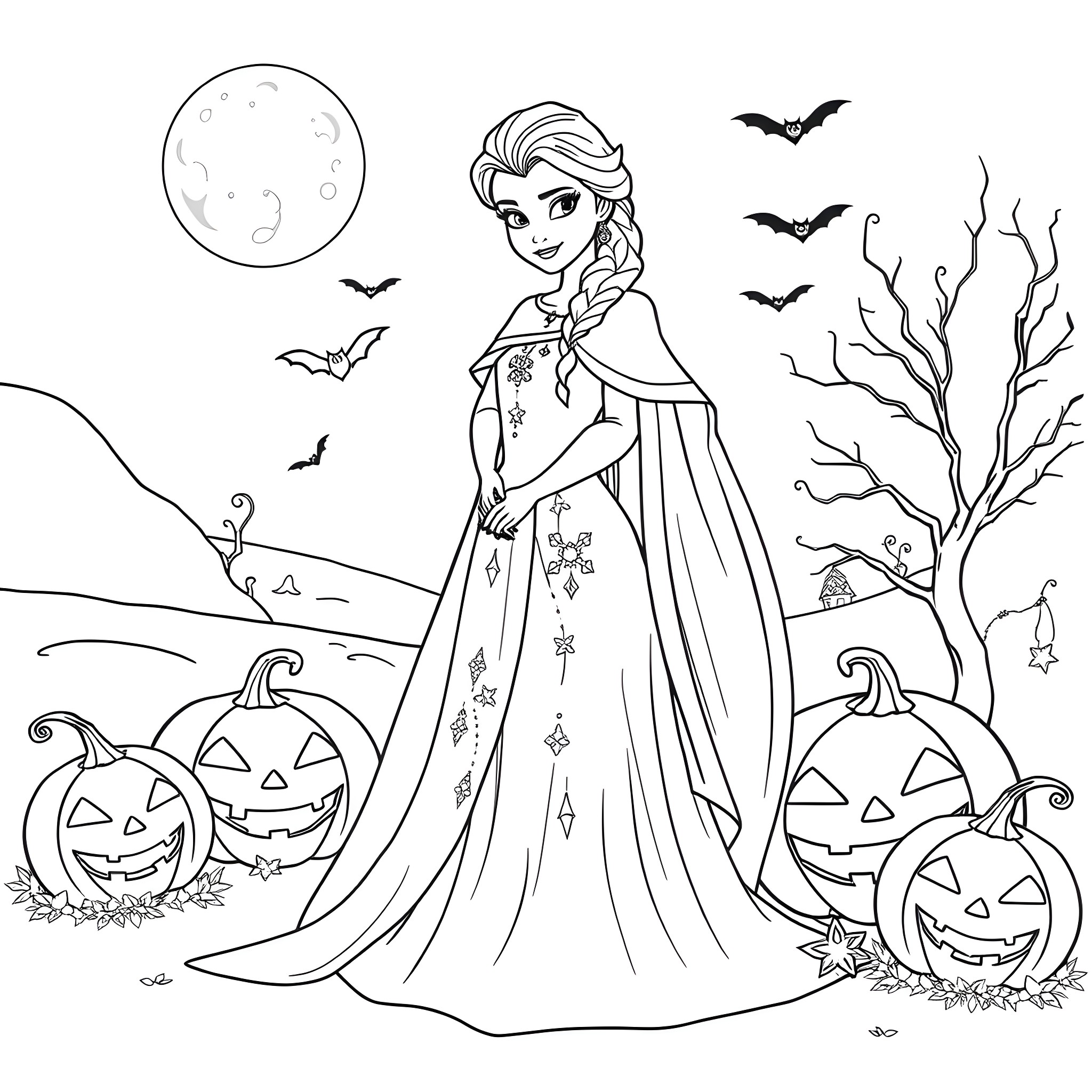 Queen Elsa's Spooky Halloween Celebration Coloring Page (free black-and-white line drawing printable PDF for all, from beginners to advanced learners, including children, teens, adults, and seniors)