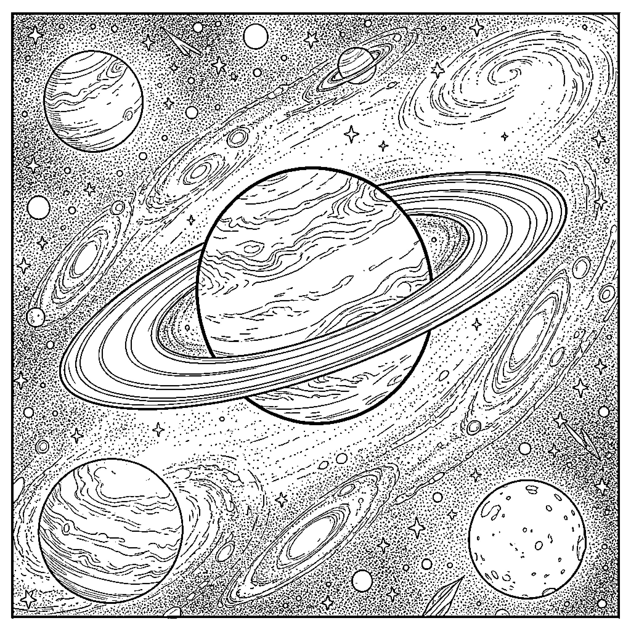 Planet drifting through a swirling galaxy of stars Coloring Page (free black-and-white line drawing printable PDF for all, from beginners to advanced learners, including children, teens, adults, and seniors)