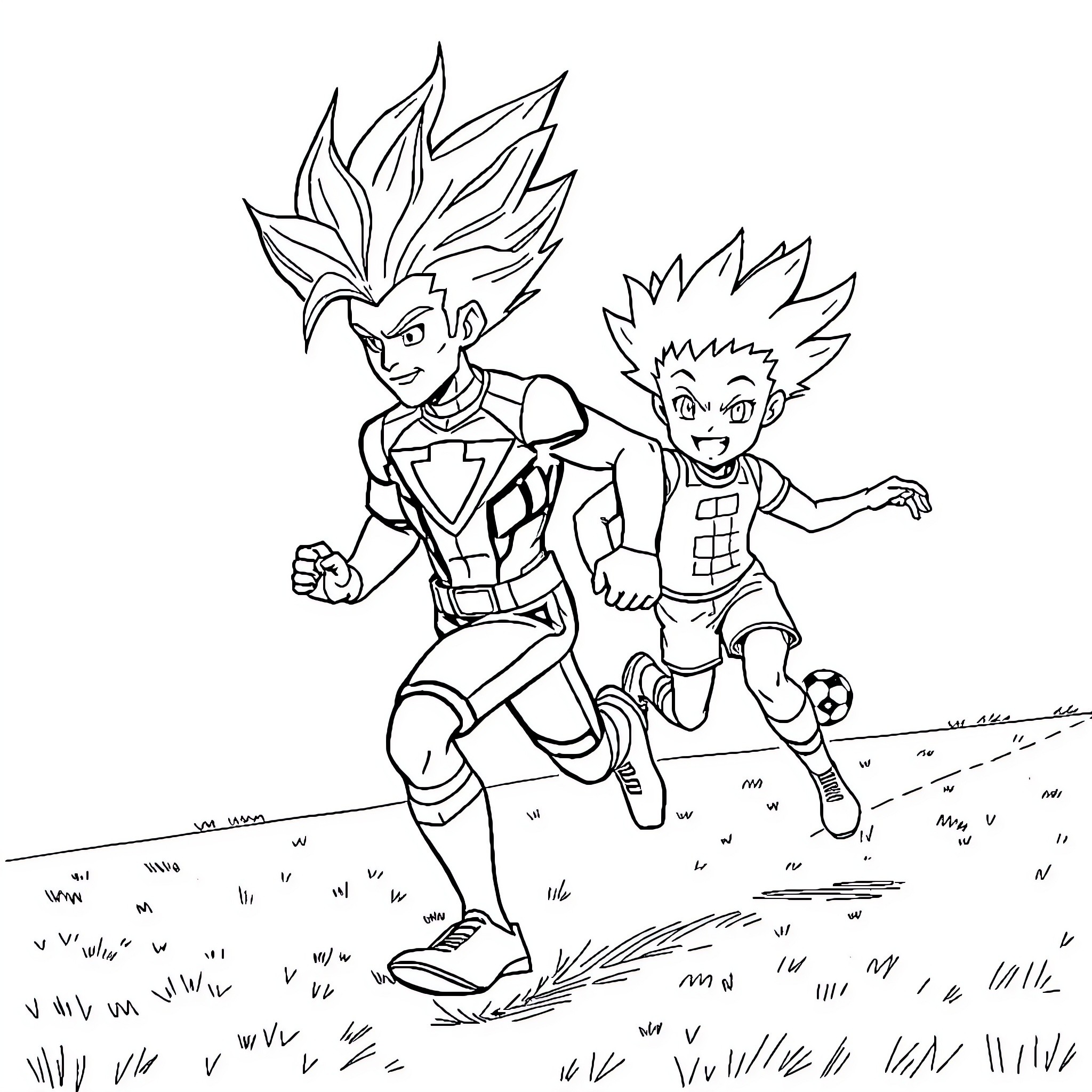 Olivier Atom: Two superheroes running in an outdoor scene Coloring Page (free black-and-white line drawing printable PDF for all, from beginners to advanced learners, including children, teens, adults, and seniors)