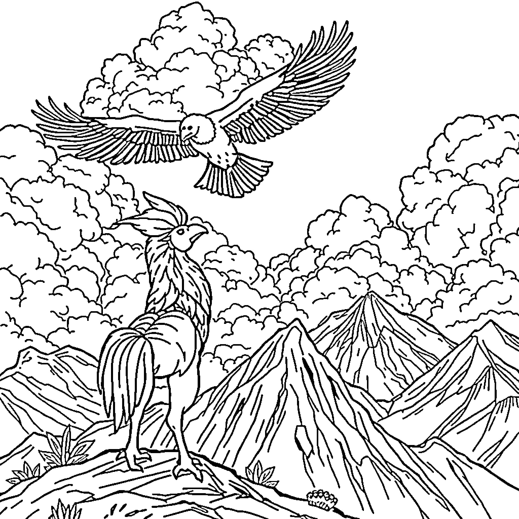 Chocobo soaring over majestic mountain peaks Coloring Page (free black-and-white line drawing printable PDF for all, from beginners to advanced learners, including children, teens, adults, and seniors)