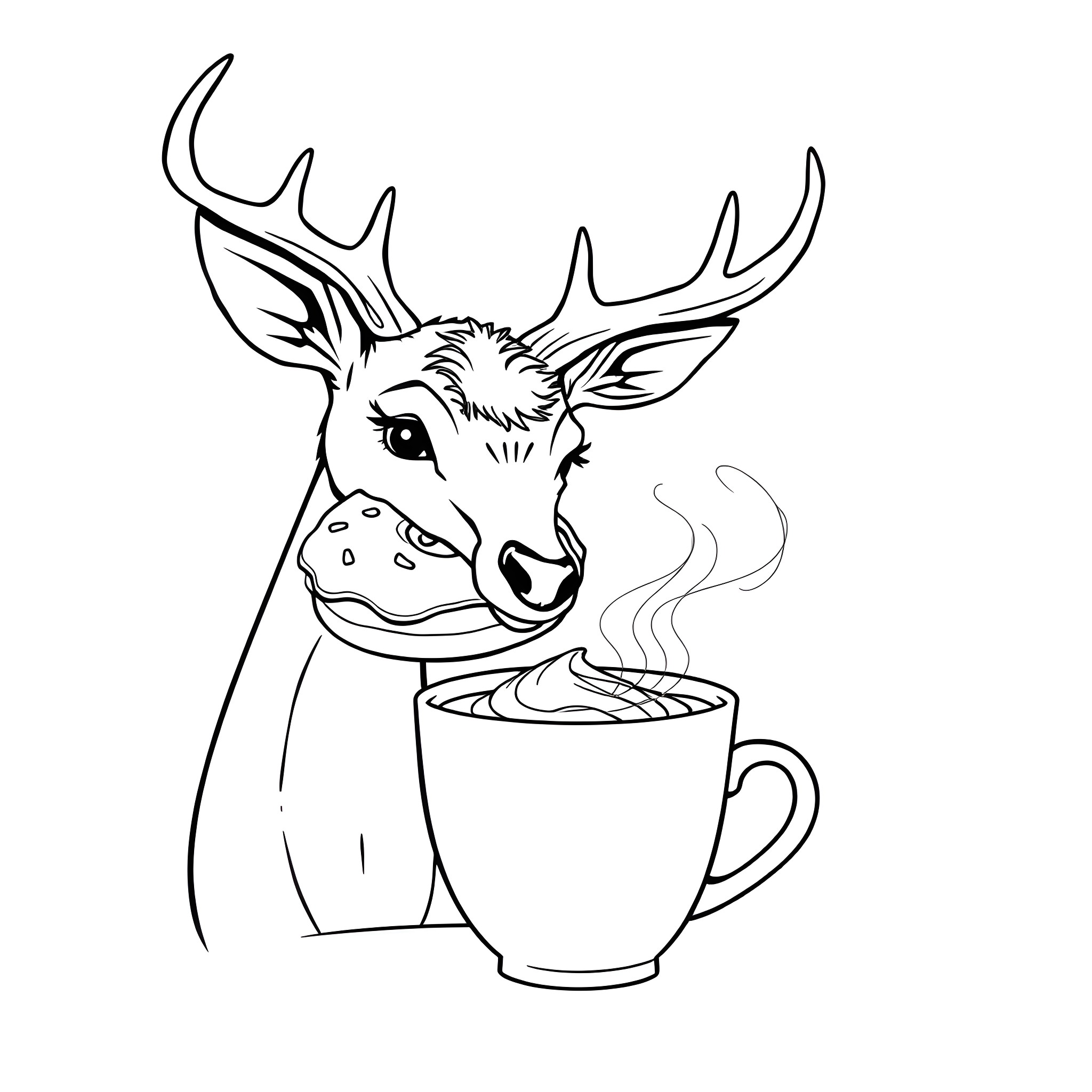Deer enjoying a warm cup of drink Coloring Page (free black-and-white line drawing printable PDF for all, from beginners to advanced learners, including children, teens, adults, and seniors)