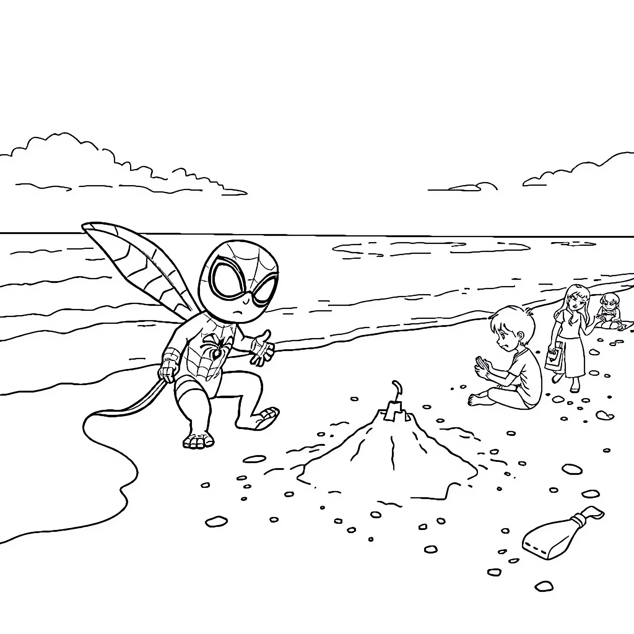 Patrol and Spiderman roaming the beach Coloring Page (free black-and-white line drawing printable PDF for all, from beginners to advanced learners, including children, teens, adults, and seniors)