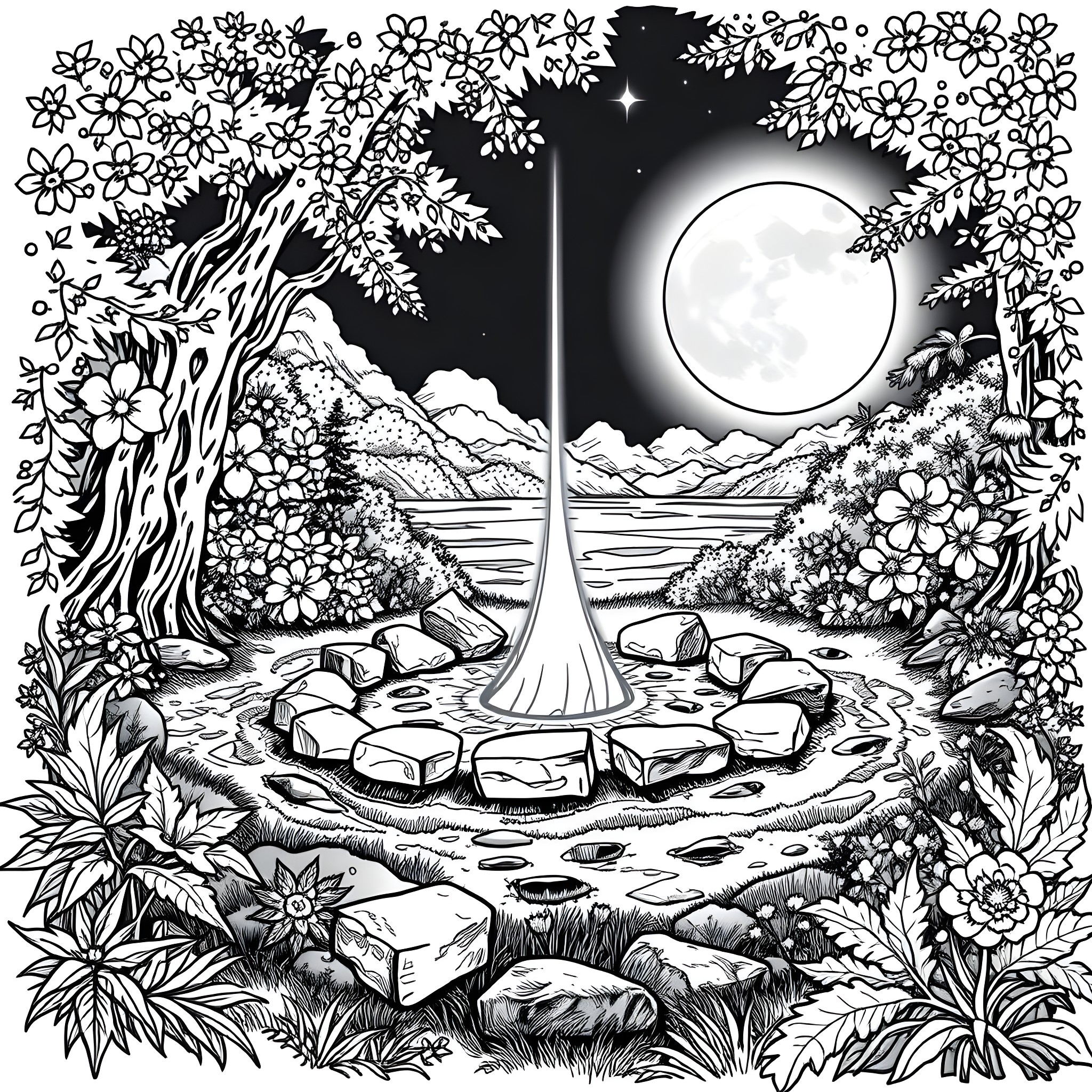 Spirit of Nature's Tranquil Garden Coloring Page (free black-and-white line drawing printable PDF for all, from beginners to advanced learners, including children, teens, adults, and seniors)