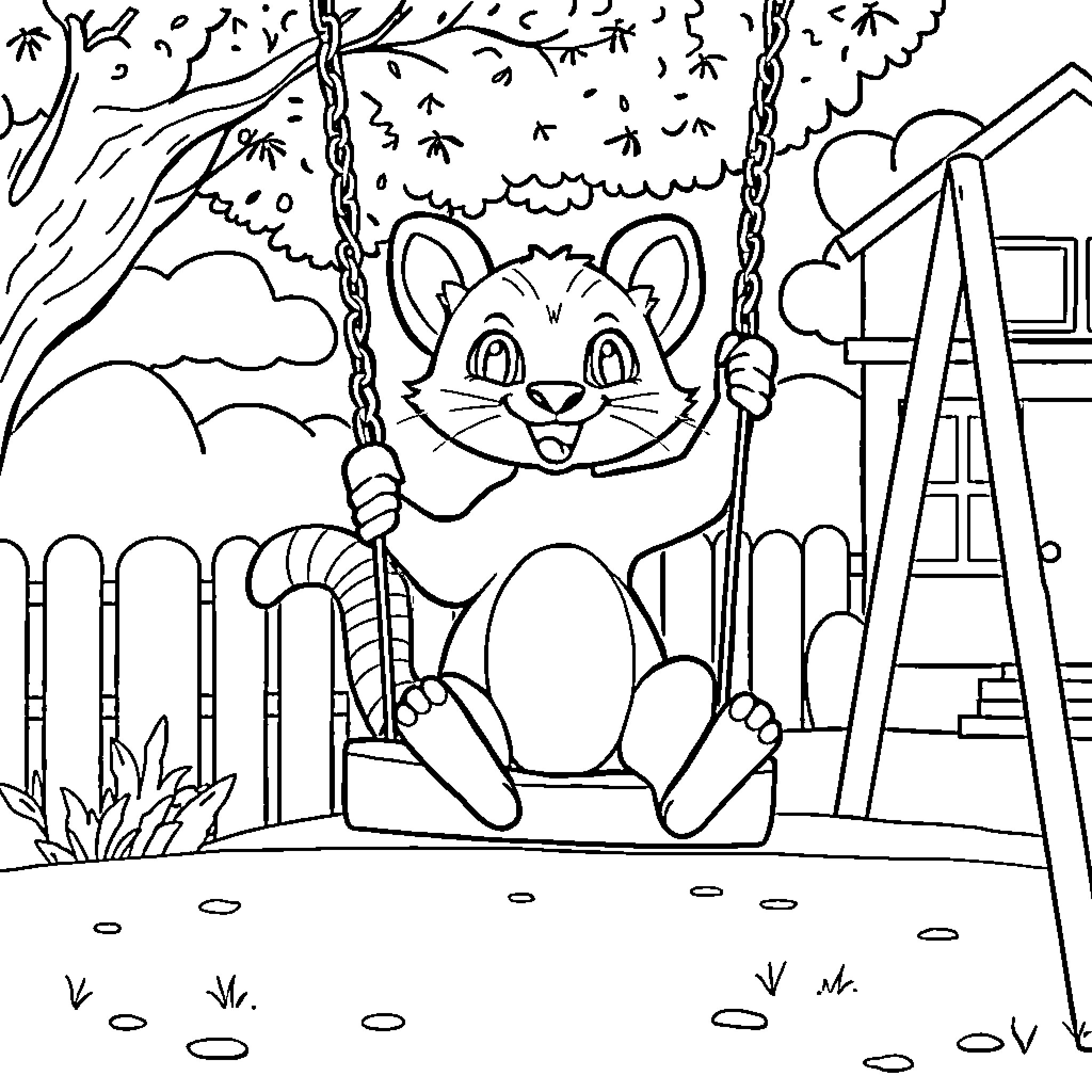Puma enjoying a swing in the park Coloring Page (free black-and-white line drawing printable PDF for all, from beginners to advanced learners, including children, teens, adults, and seniors)