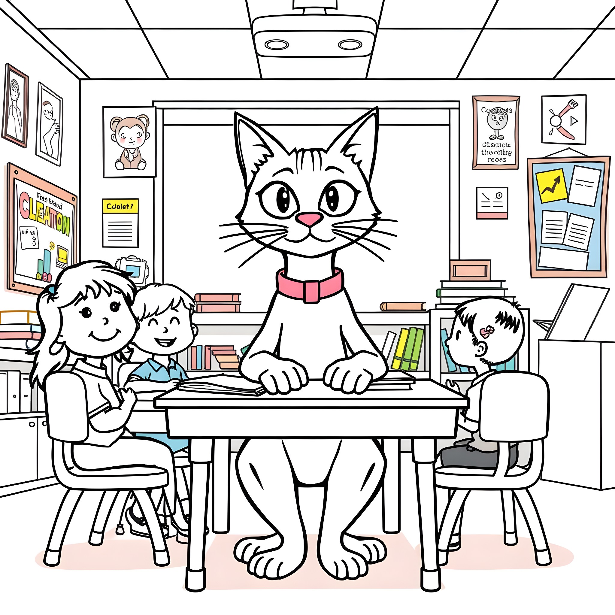 Pete the Cat helps students in the classroom Coloring Page (free black-and-white line drawing printable PDF for all, from beginners to advanced learners, including children, teens, adults, and seniors)