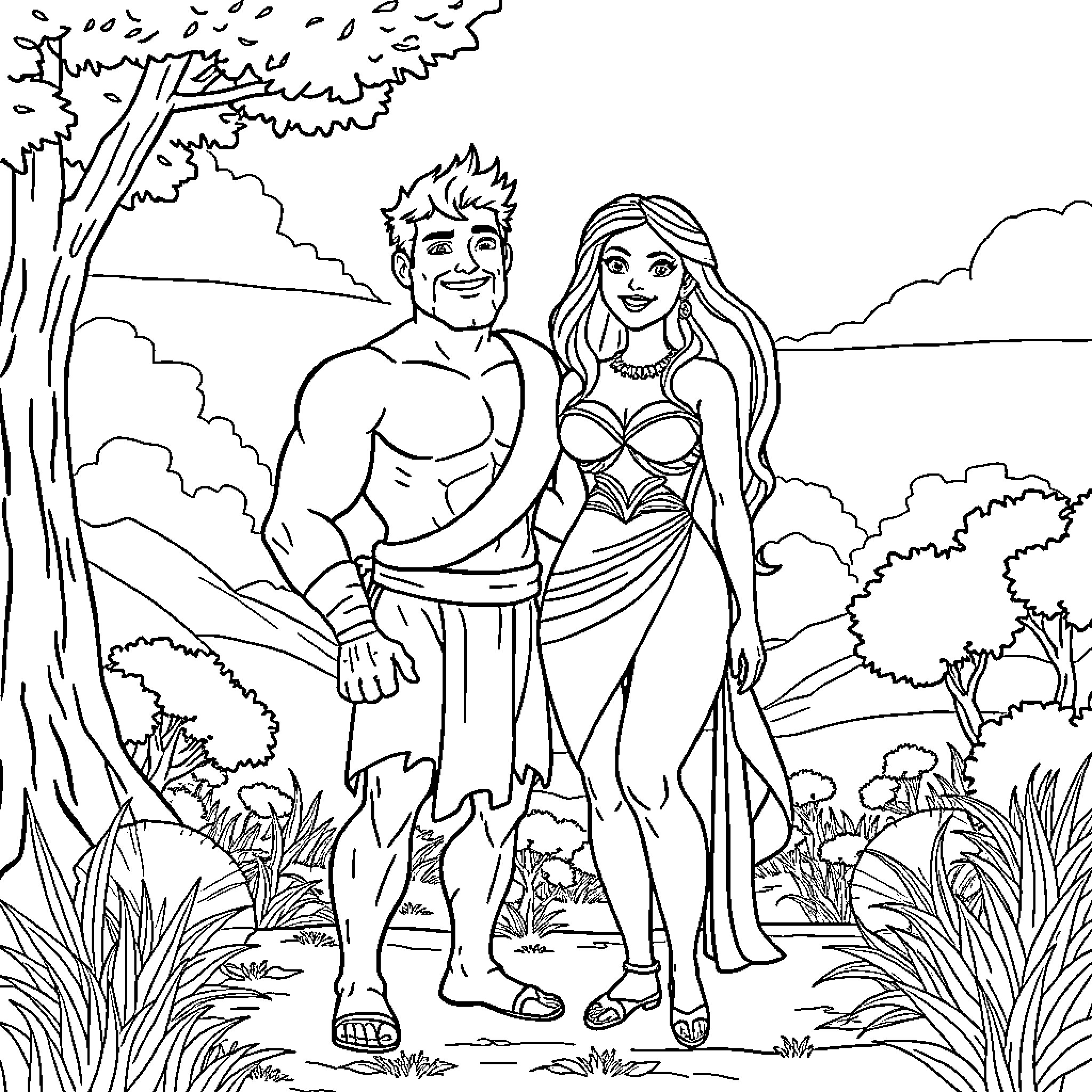 Hercules and Deianira in Mythological Adventure Coloring Page (free black-and-white line drawing printable PDF for all, from beginners to advanced learners, including children, teens, adults, and seniors)
