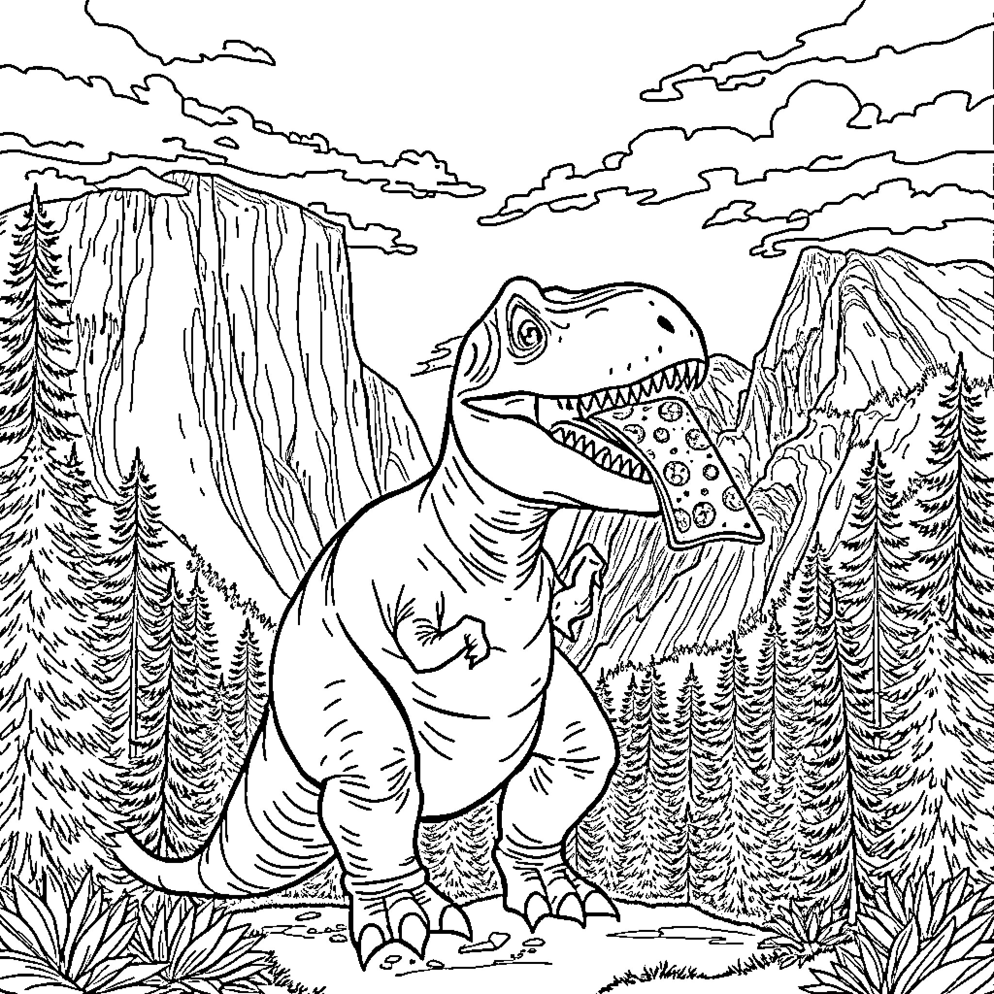 Dinosaur roaming in the prehistoric landscape Coloring Page (free black-and-white line drawing printable PDF for all, from beginners to advanced learners, including children, teens, adults, and seniors)