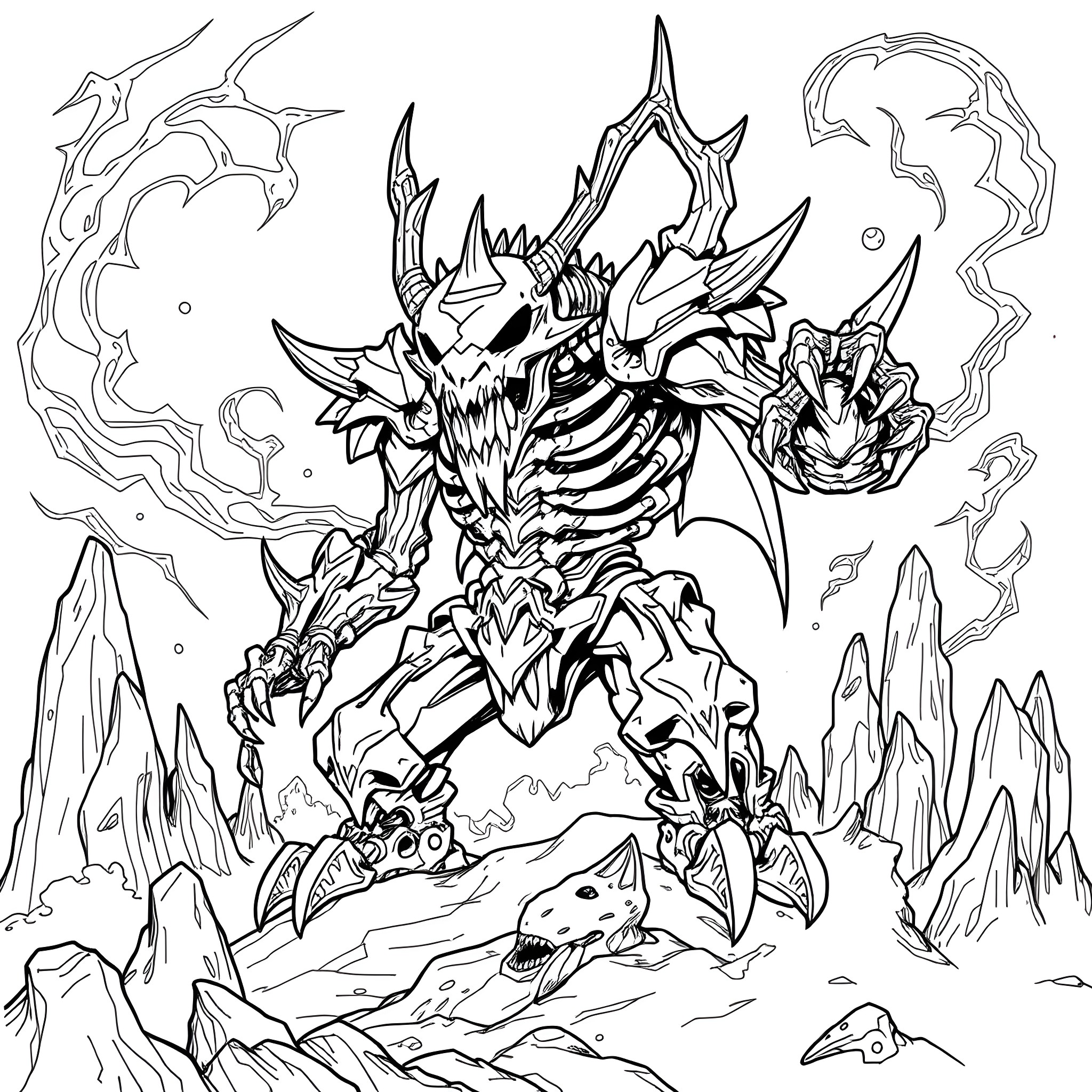 Skullgreymon unleashes destructive power in a desolate landscape Coloring Page (free black-and-white line drawing printable PDF for all, from beginners to advanced learners, including children, teens, adults, and seniors)