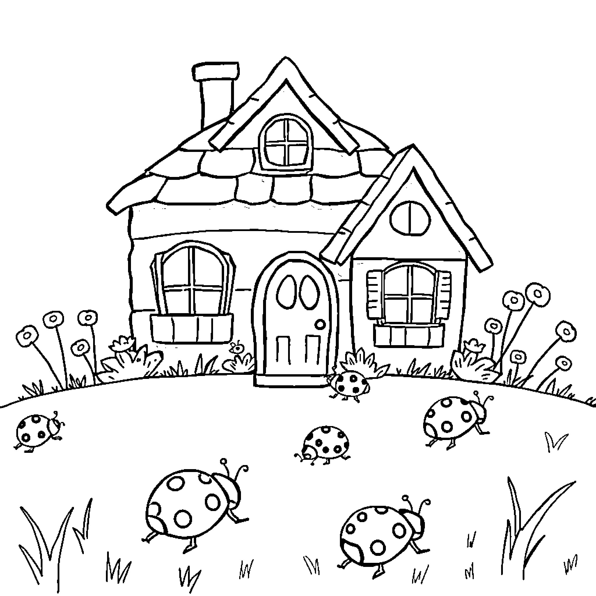 Ladybug exploring a whimsical cottage Coloring Page (free black-and-white line drawing printable PDF for all, from beginners to advanced learners, including children, teens, adults, and seniors)