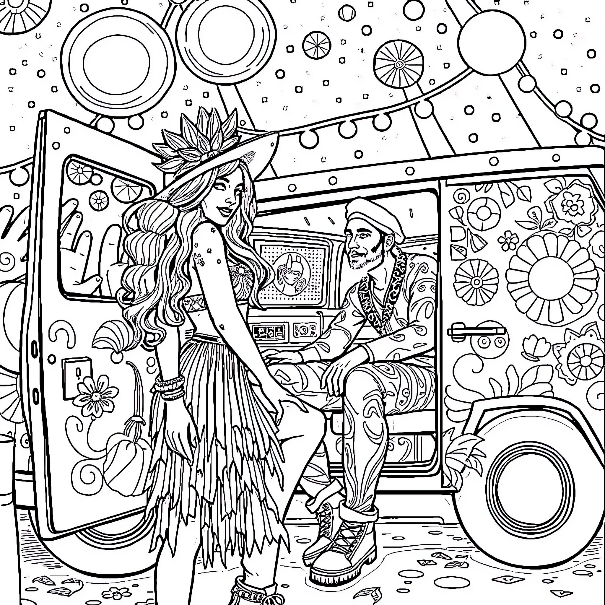 Woman in Floral Dress and Companion in Festive Scene Coloring Page (free black-and-white line drawing printable PDF for all, from beginners to advanced learners, including children, teens, adults, and seniors)