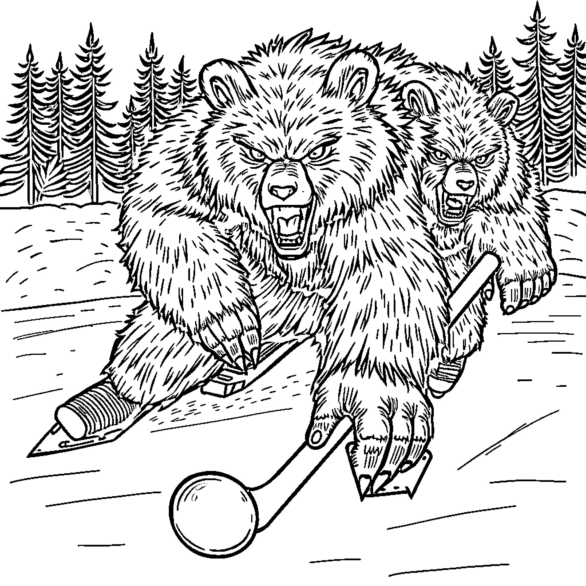 Monster bear wielding a weapon in the forest Coloring Page (free black-and-white line drawing printable PDF for all, from beginners to advanced learners, including children, teens, adults, and seniors)