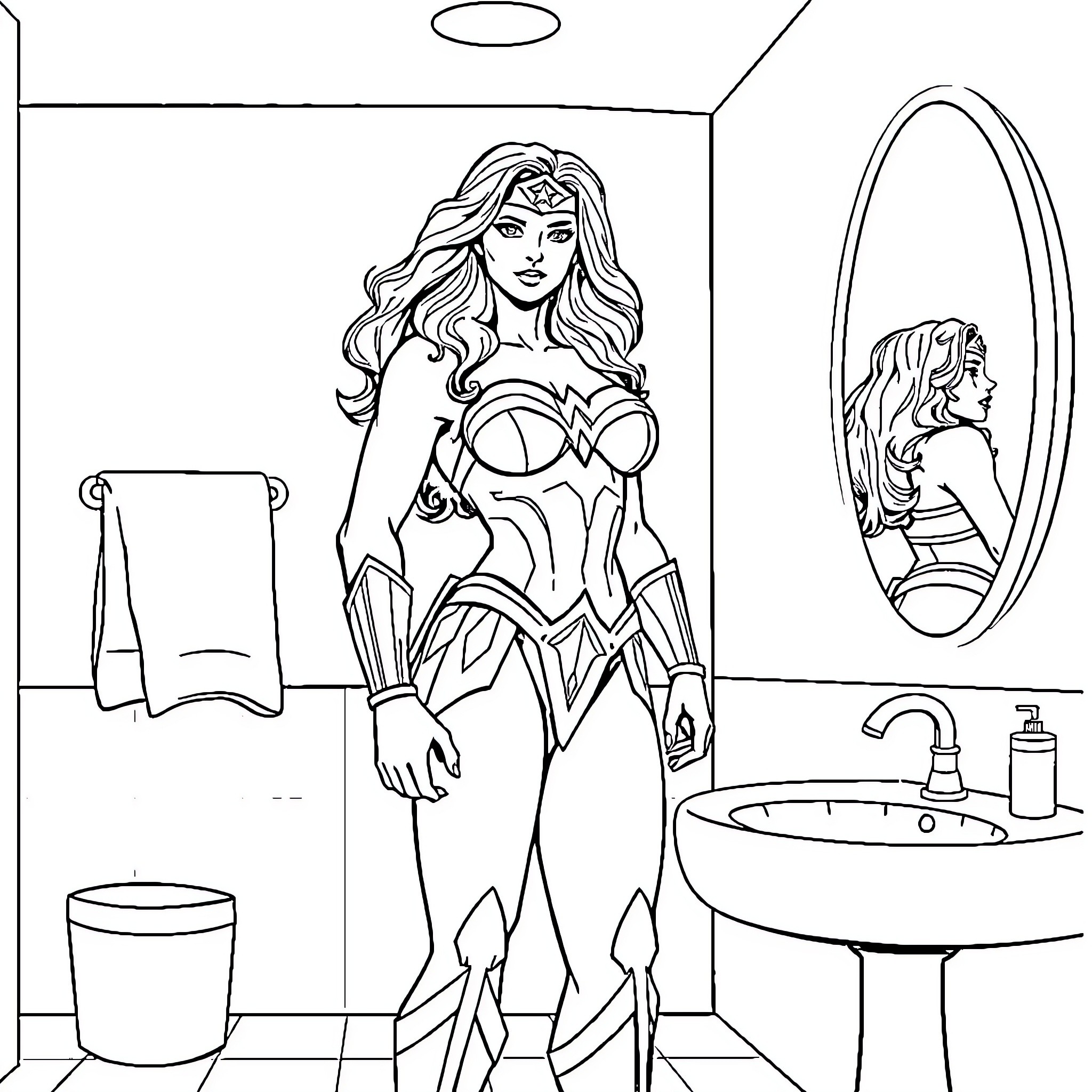 Wonder Woman preparing for action in the bathroom Coloring Page (free black-and-white line drawing printable PDF for all, from beginners to advanced learners, including children, teens, adults, and seniors)