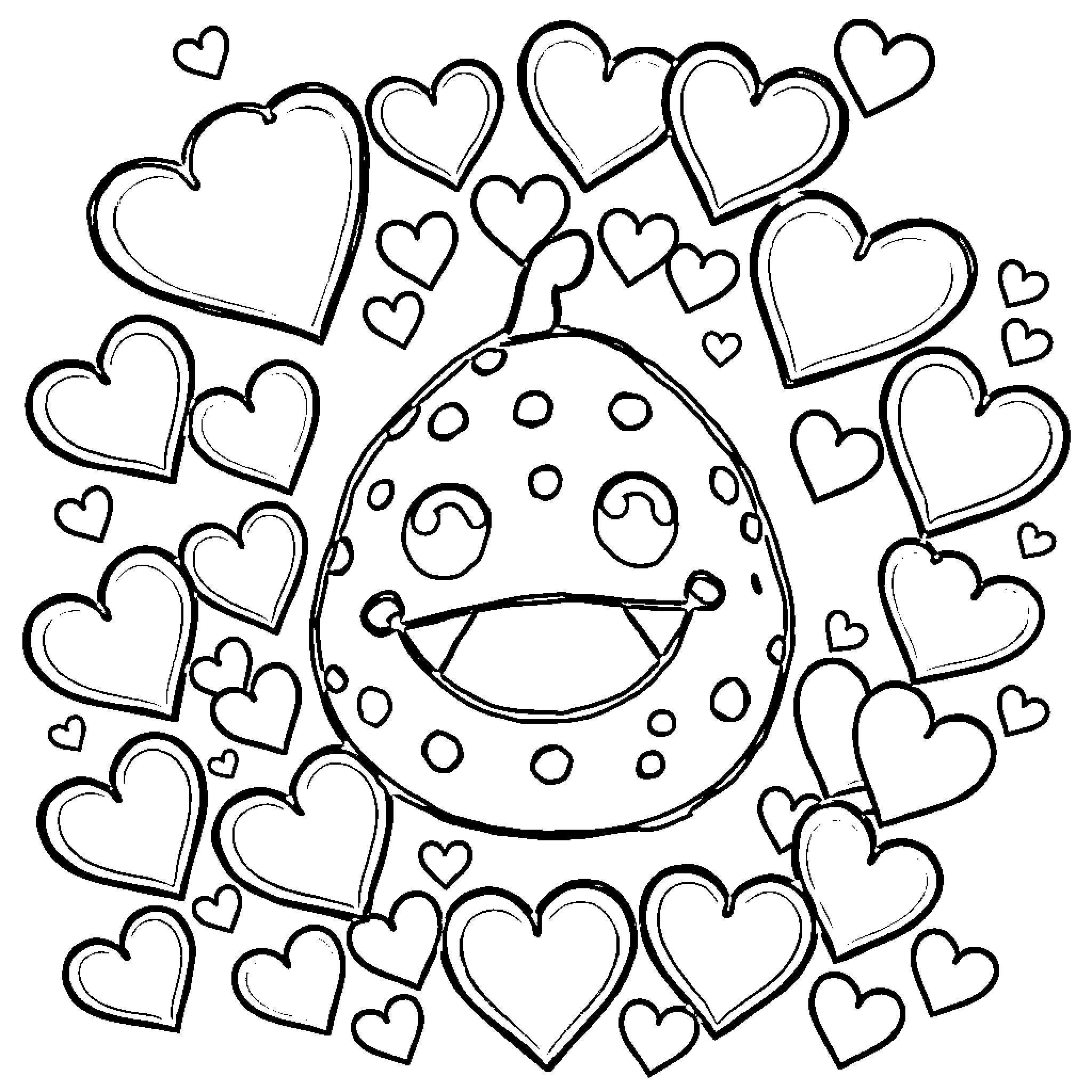 Om Nom's Heart-Filled Happiness Coloring Page (free black-and-white line drawing printable PDF for all, from beginners to advanced learners, including children, teens, adults, and seniors)