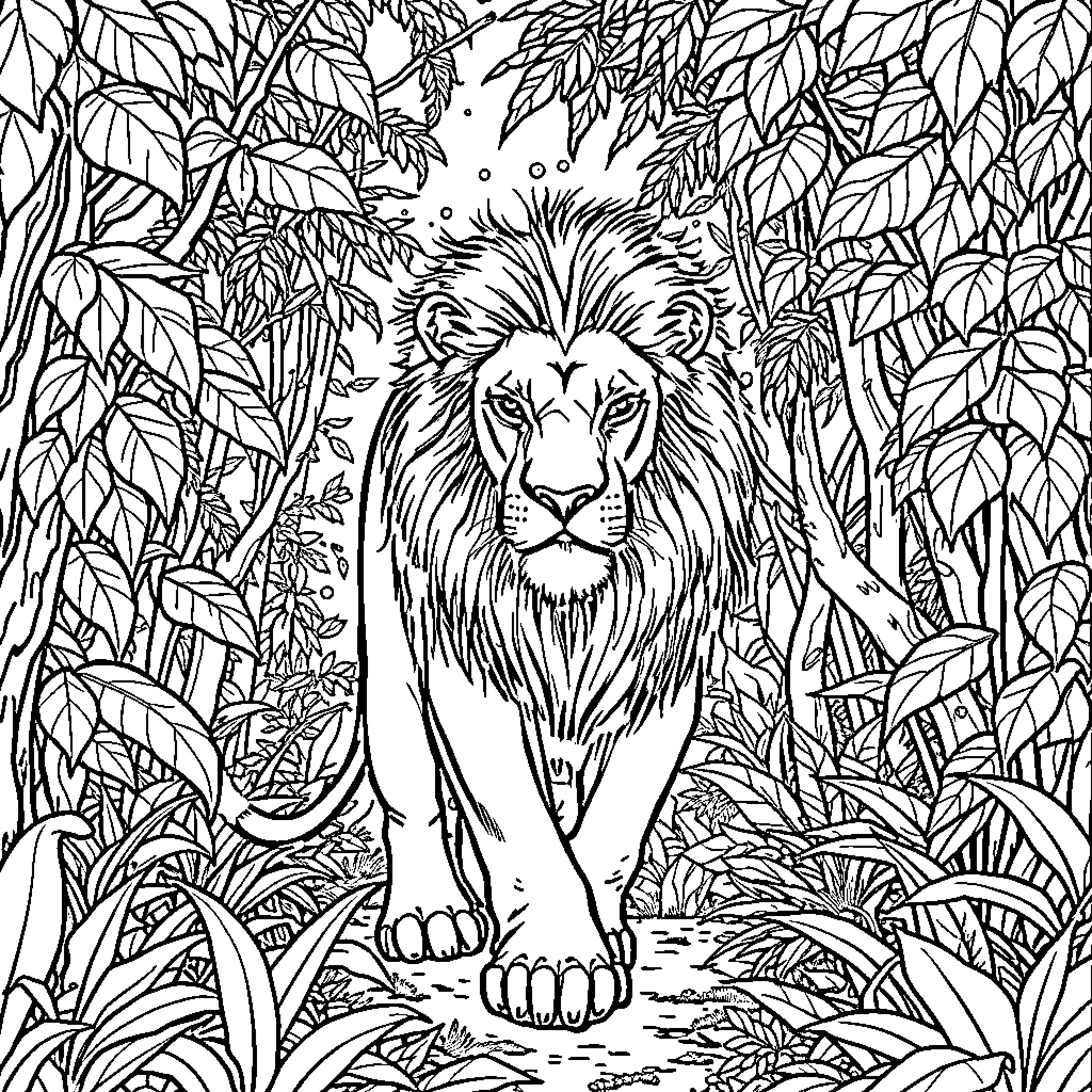 Lion gazing through the dense foliage Coloring Page (free black-and-white line drawing printable PDF for all, from beginners to advanced learners, including children, teens, adults, and seniors)