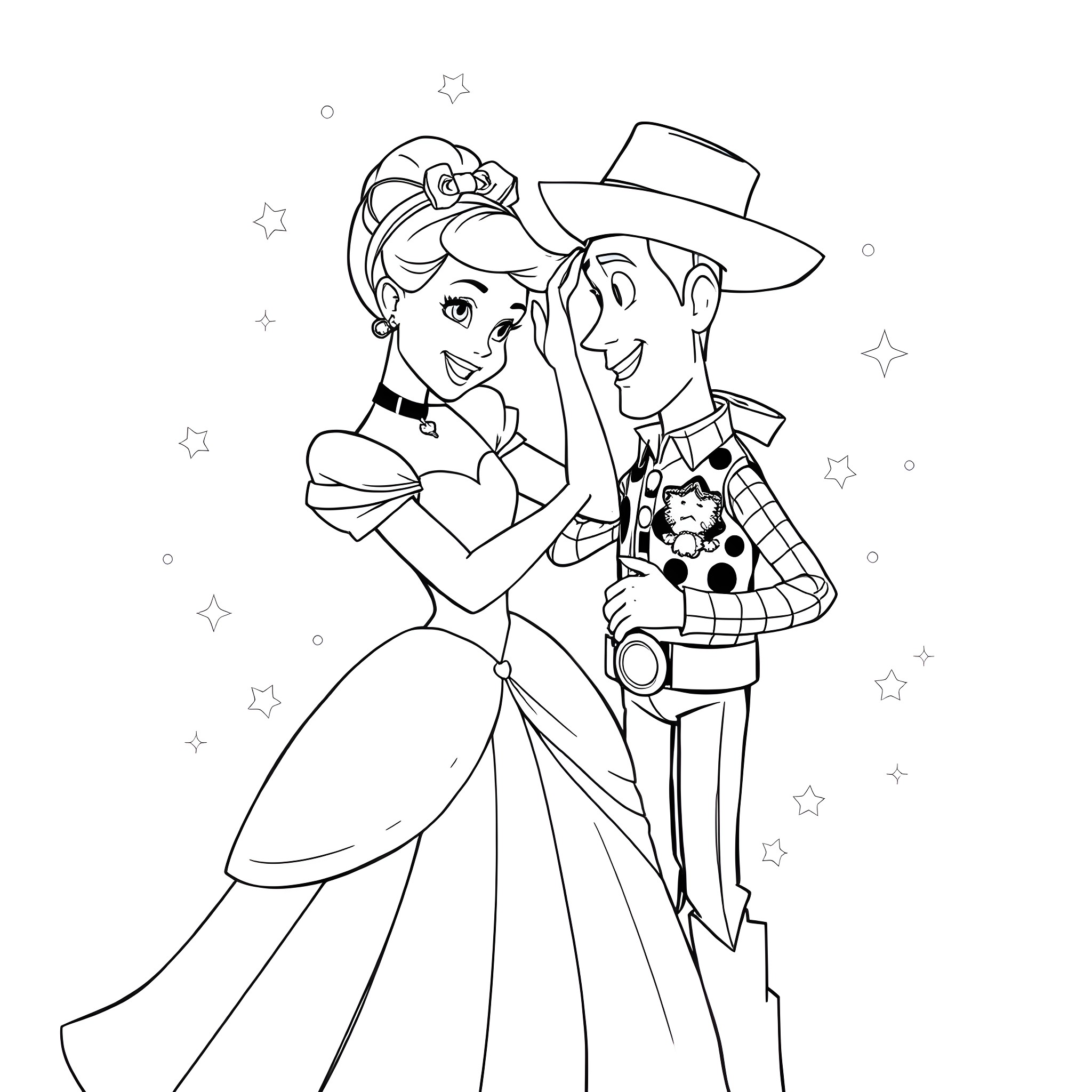 Cinderella and her Prince Charming dancing under the stars Coloring Page (free black-and-white line drawing printable PDF for all, from beginners to advanced learners, including children, teens, adults, and seniors)