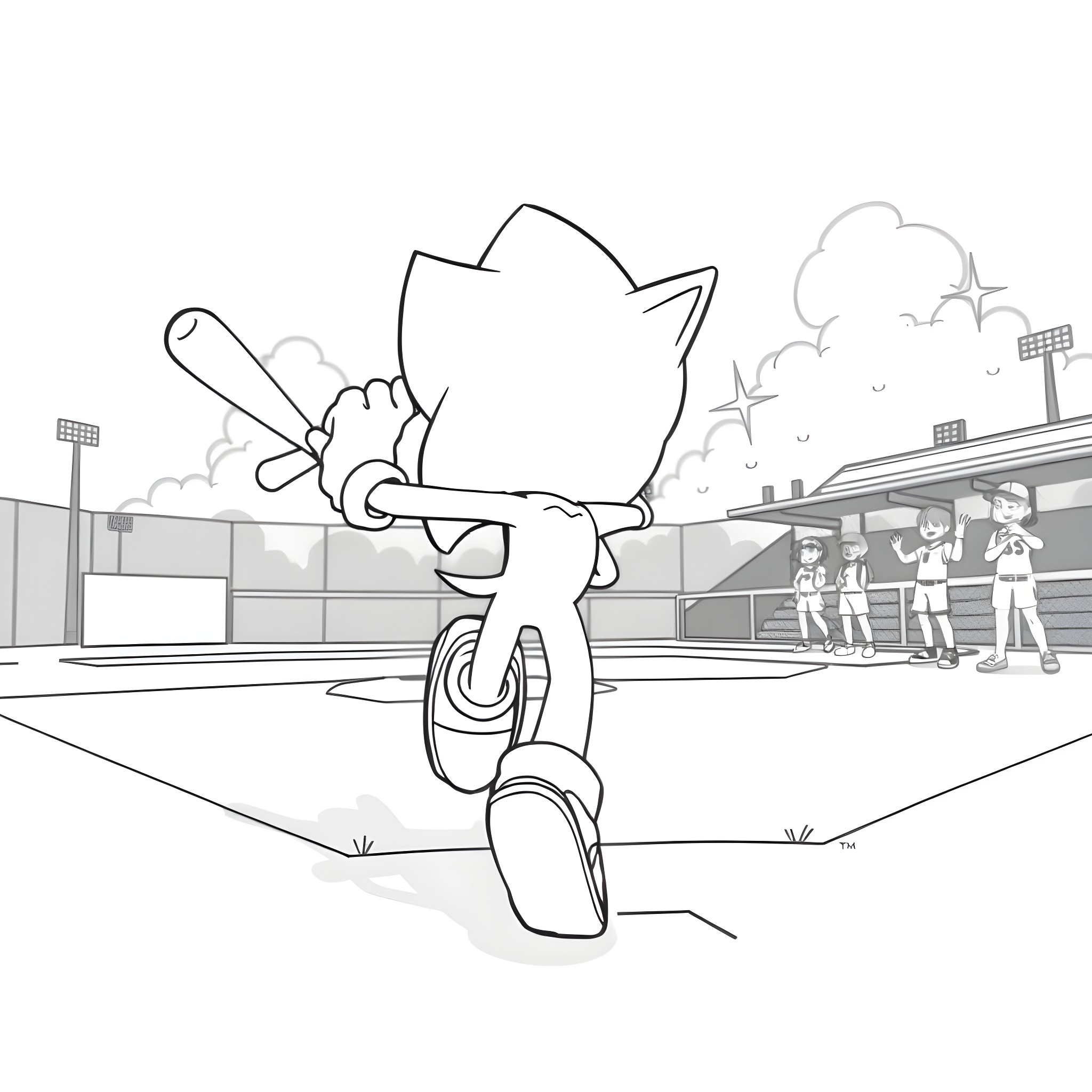 Sonic running enthusiastically on the sports field Coloring Page (free black-and-white line drawing printable PDF for all, from beginners to advanced learners, including children, teens, adults, and seniors)