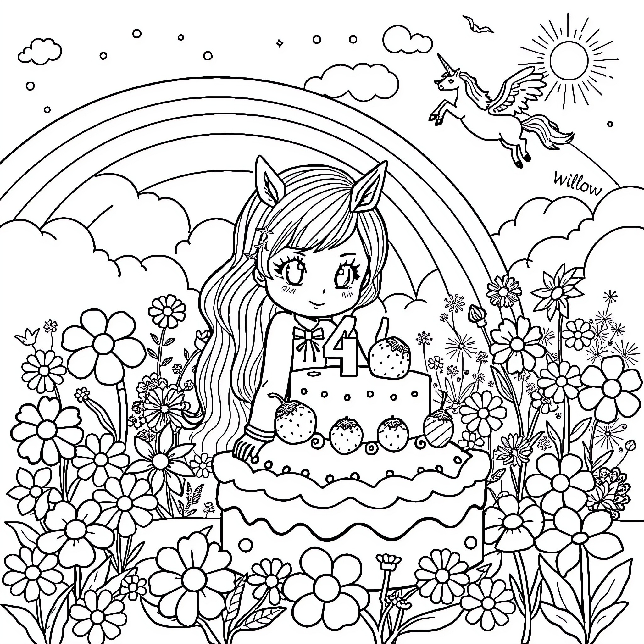 Unicorn Girl in Floral Garden with Rainbow Coloring Page (free black-and-white line drawing printable PDF for all, from beginners to advanced learners, including children, teens, adults, and seniors)