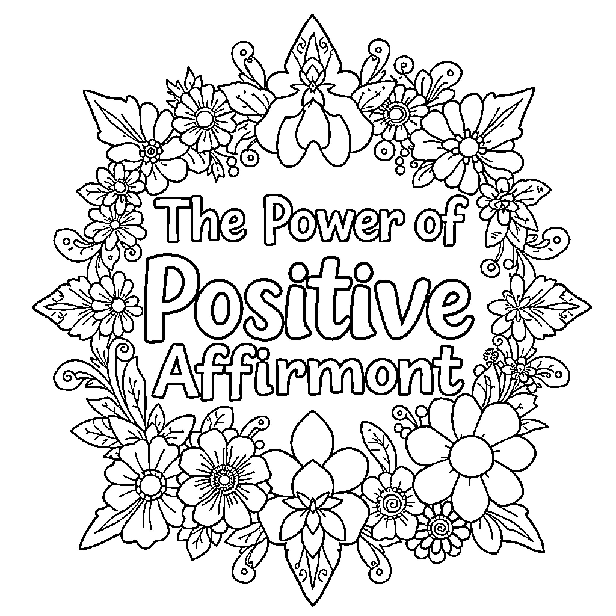Affirmation of Positive Mindset with Floral Designs Coloring Page (free black-and-white line drawing printable PDF for all, from beginners to advanced learners, including children, teens, adults, and seniors)
