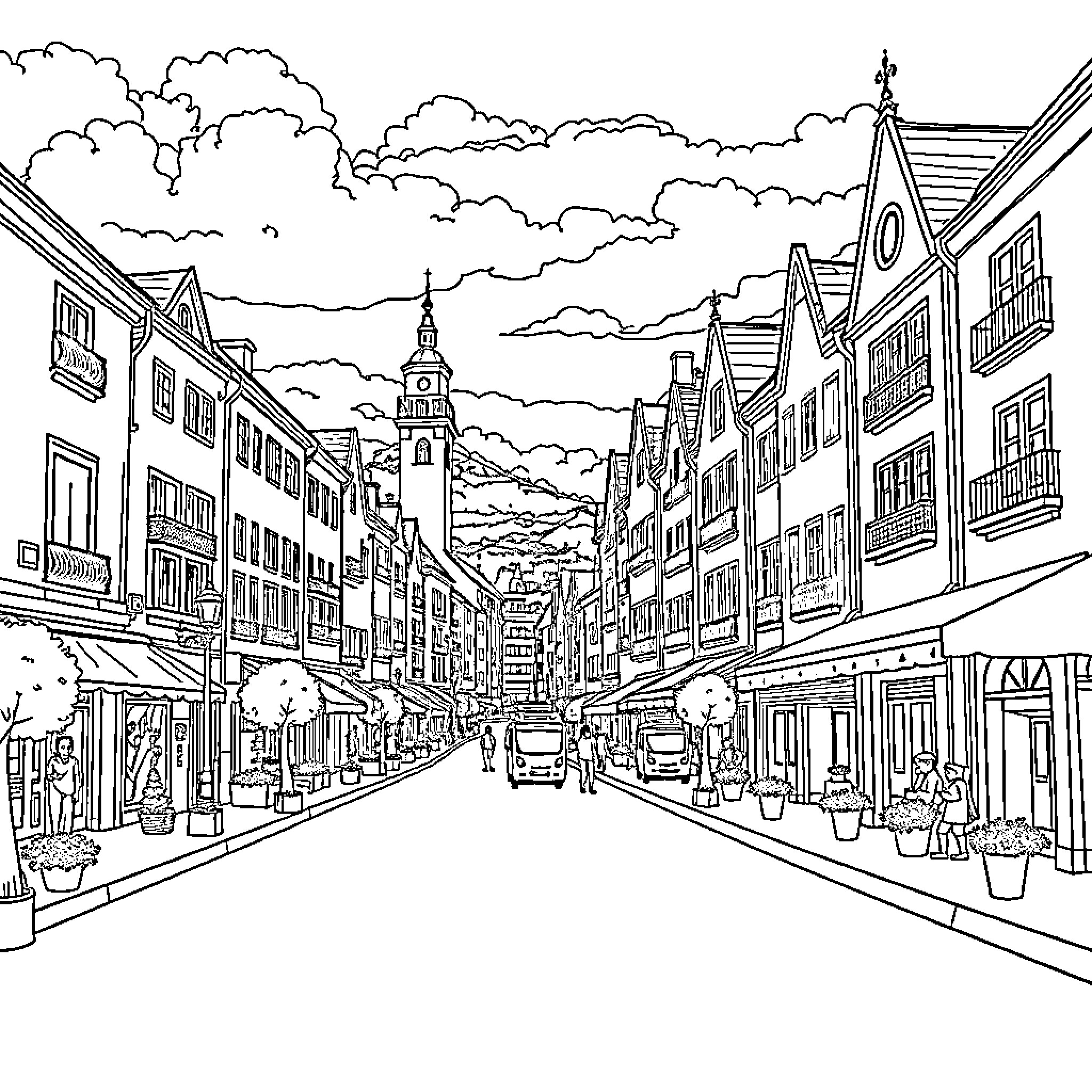 Gotemburgo city street with buildings and pedestrians Coloring Page (free black-and-white line drawing printable PDF for all, from beginners to advanced learners, including children, teens, adults, and seniors)
