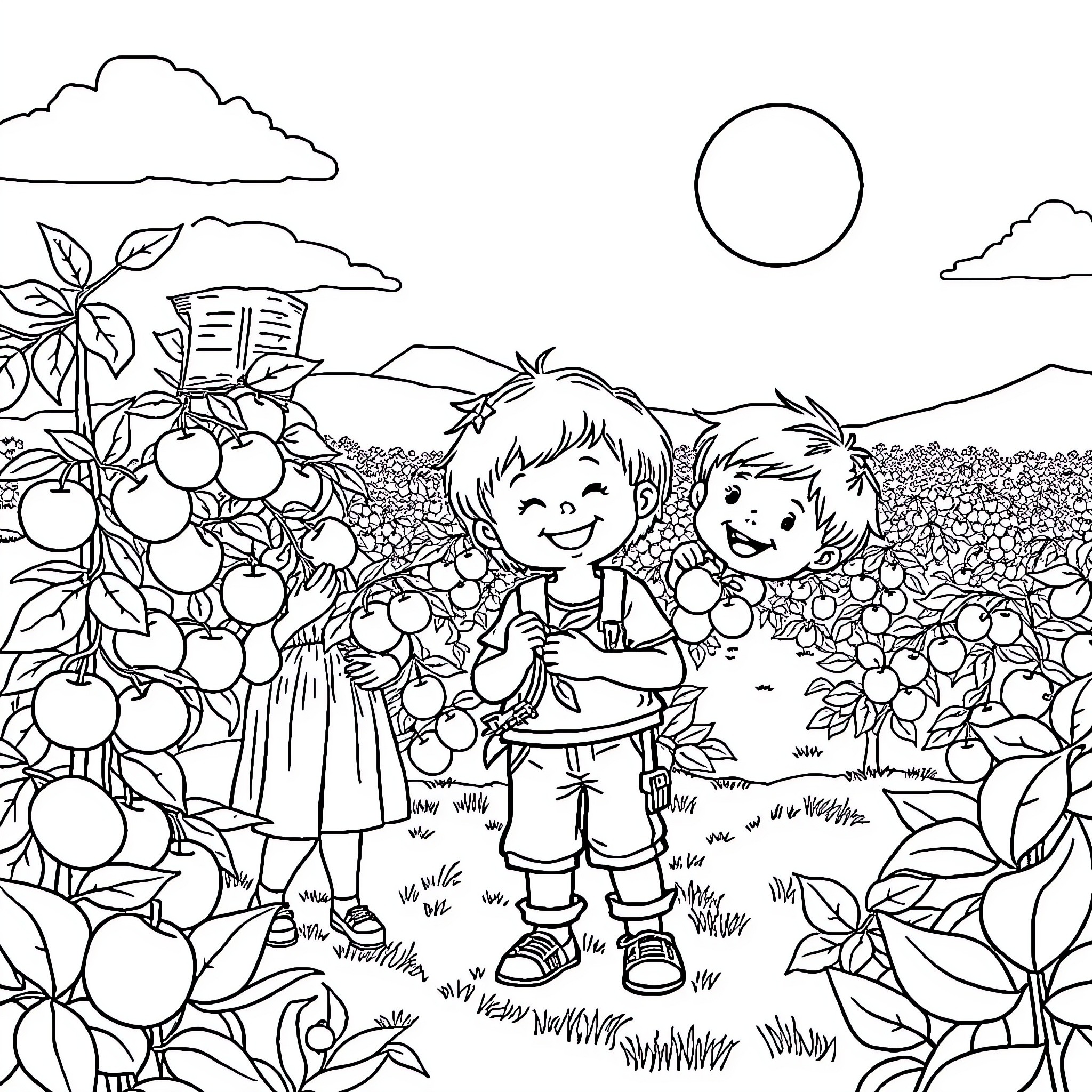 Enfants jouant joyeusement dans un verger Coloring Page (free black-and-white line drawing printable PDF for all, from beginners to advanced learners, including children, teens, adults, and seniors)