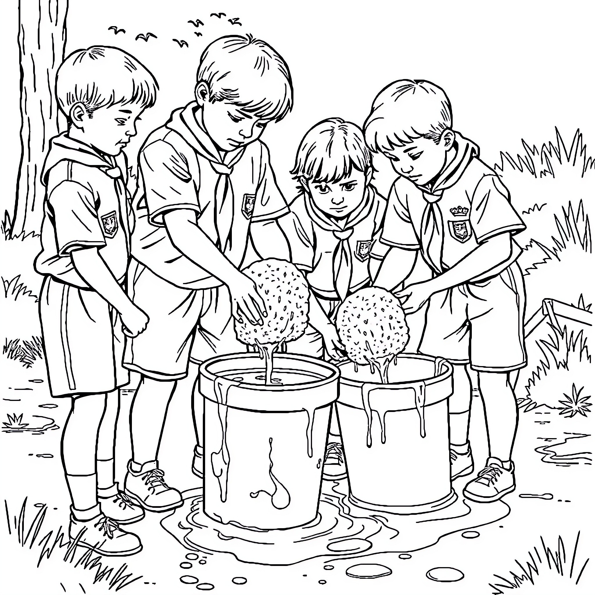 Scout group exploring nature together Coloring Page (free black-and-white line drawing printable PDF for all, from beginners to advanced learners, including children, teens, adults, and seniors)