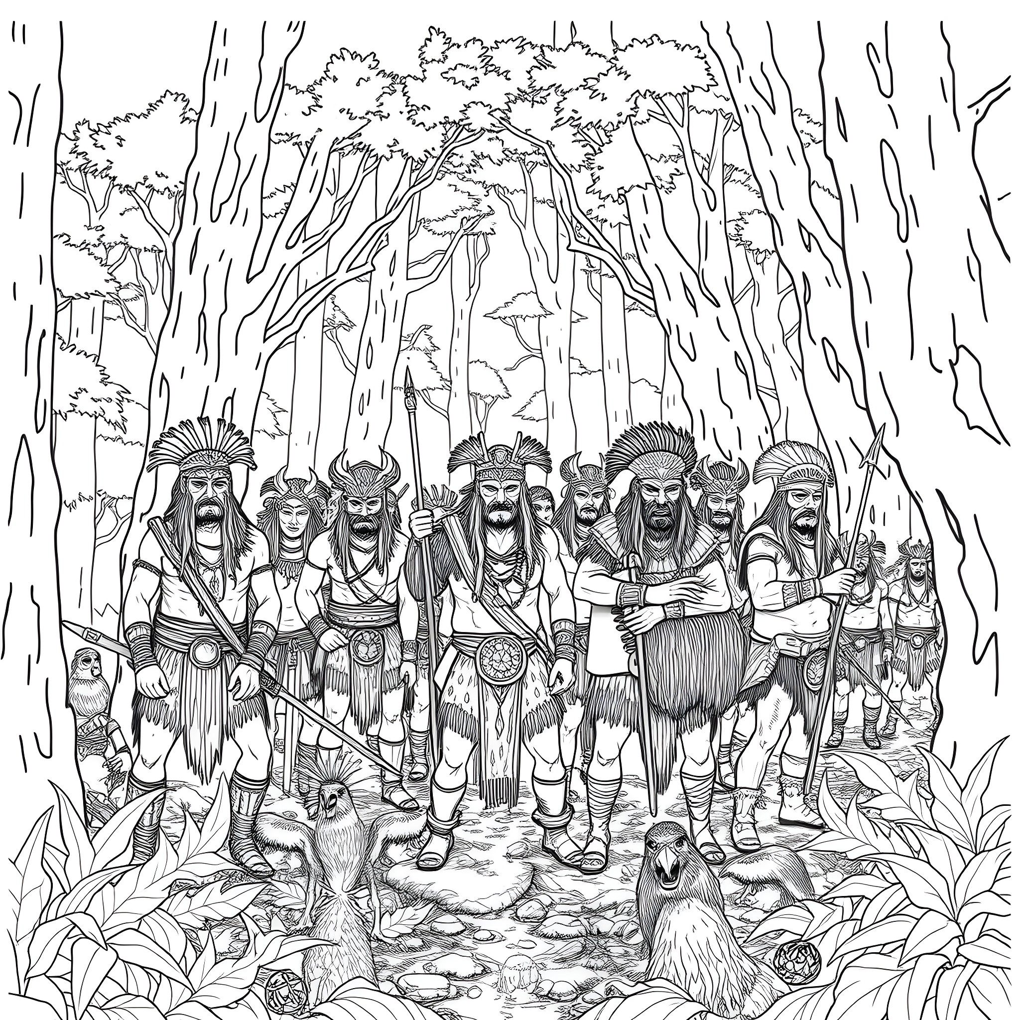 Warrior Tribe Marching Through the Mystic Forest Coloring Page (free black-and-white line drawing printable PDF for all, from beginners to advanced learners, including children, teens, adults, and seniors)