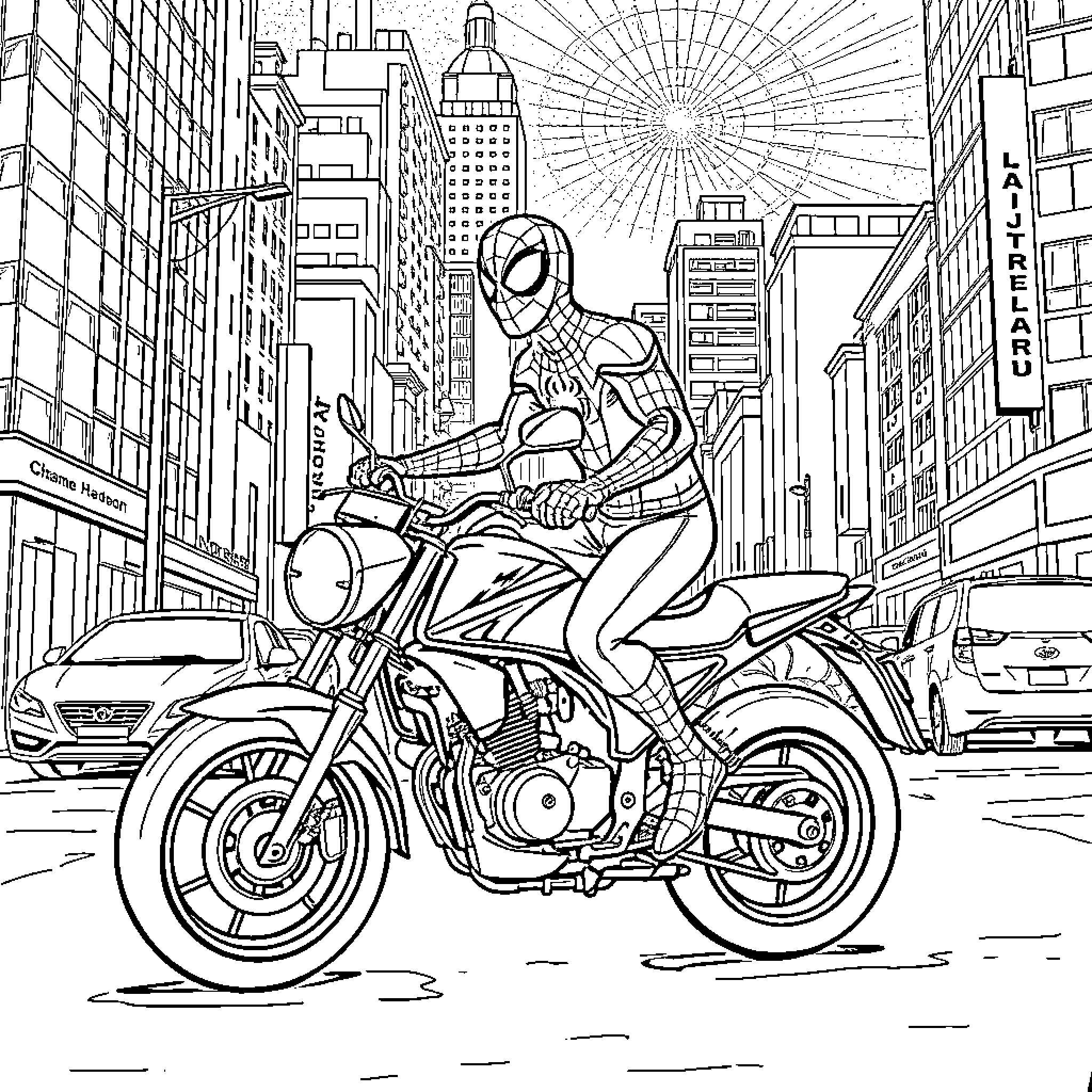 Spider-Man riding motorcycle through city streets Coloring Page (free black-and-white line drawing printable PDF for all, from beginners to advanced learners, including children, teens, adults, and seniors)