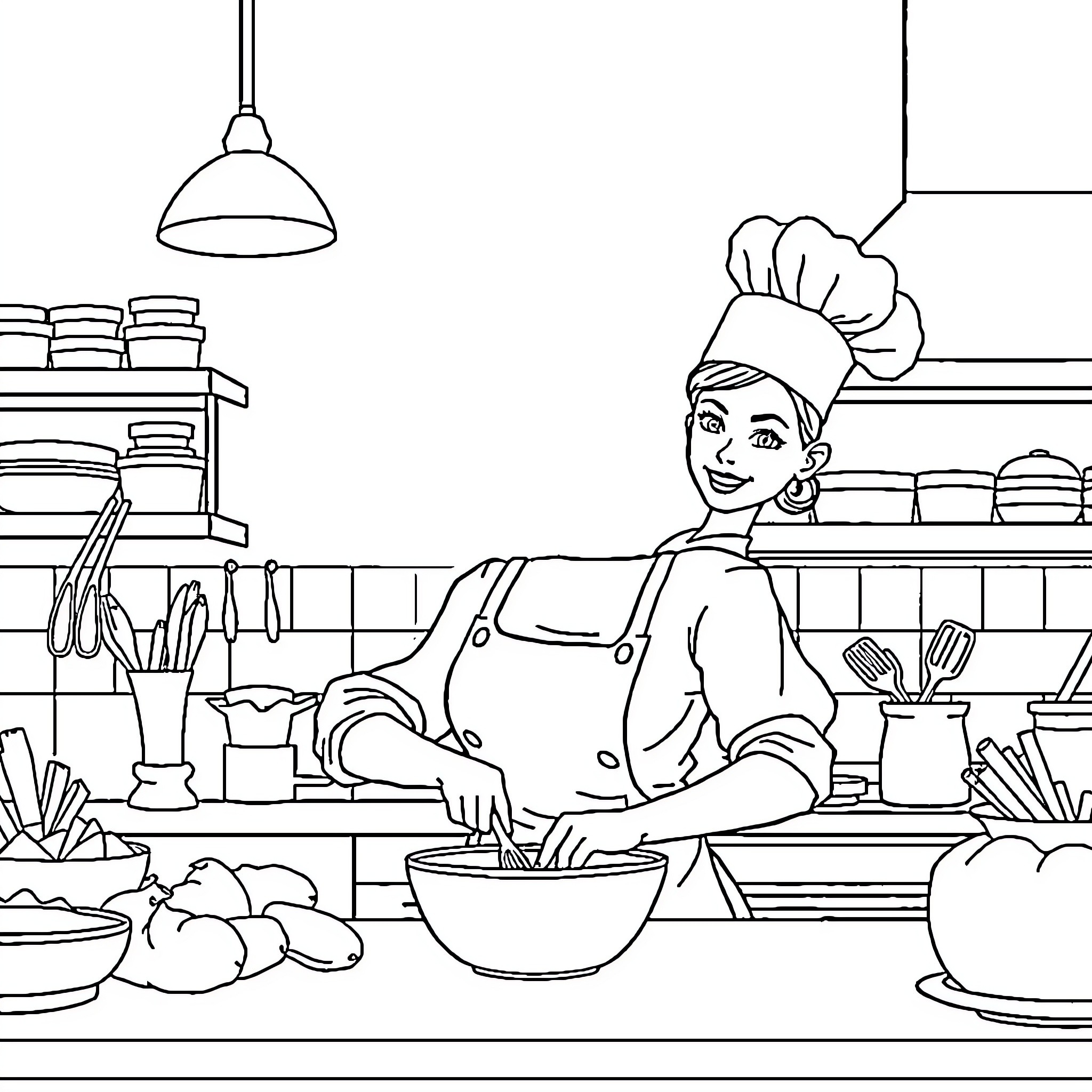 Chef preparing dishes in a busy kitchen Coloring Page (free black-and-white line drawing printable PDF for all, from beginners to advanced learners, including children, teens, adults, and seniors)