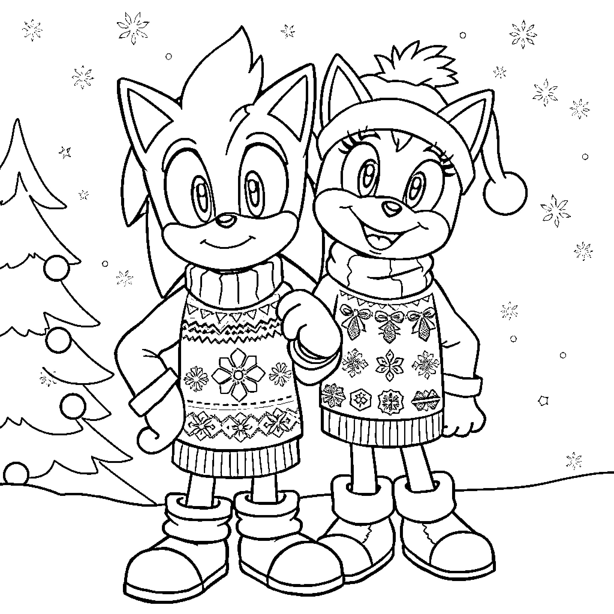 Sonic characters in winter outfits Coloring Page (free black-and-white line drawing printable PDF for all, from beginners to advanced learners, including children, teens, adults, and seniors)