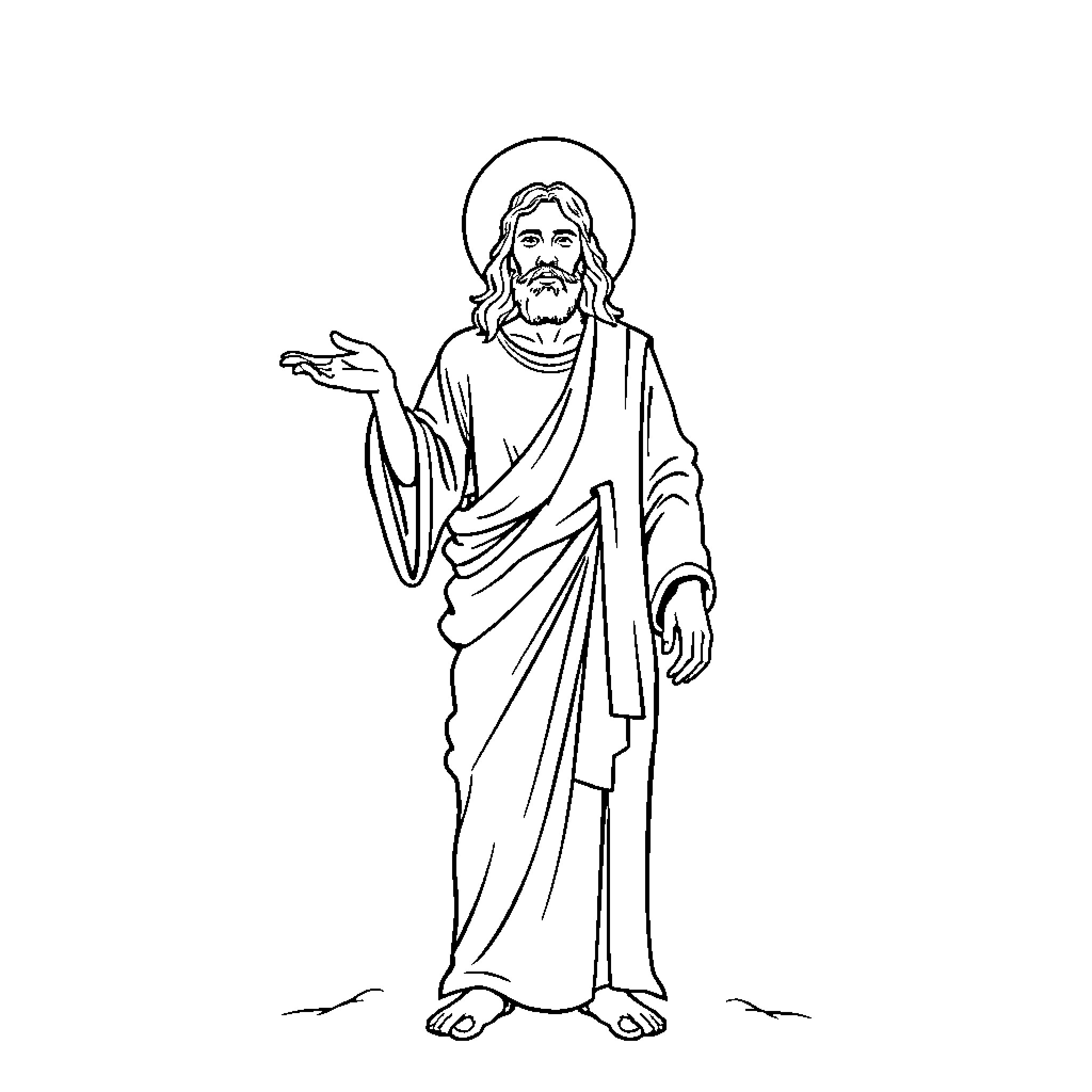 Jesus teaching with gestures and robed appearance Coloring Page (free black-and-white line drawing printable PDF for all, from beginners to advanced learners, including children, teens, adults, and seniors)